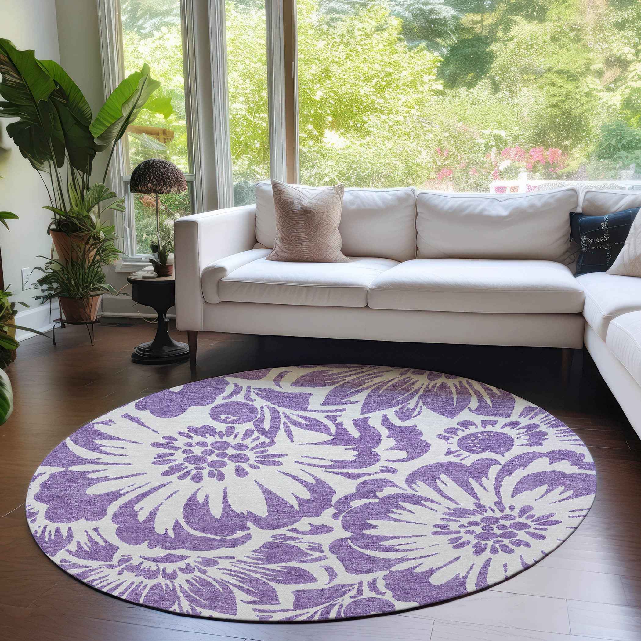 8' X 8' Purple and Ivory Round Floral Washable Non Skid Indoor Outdoor Area Rug