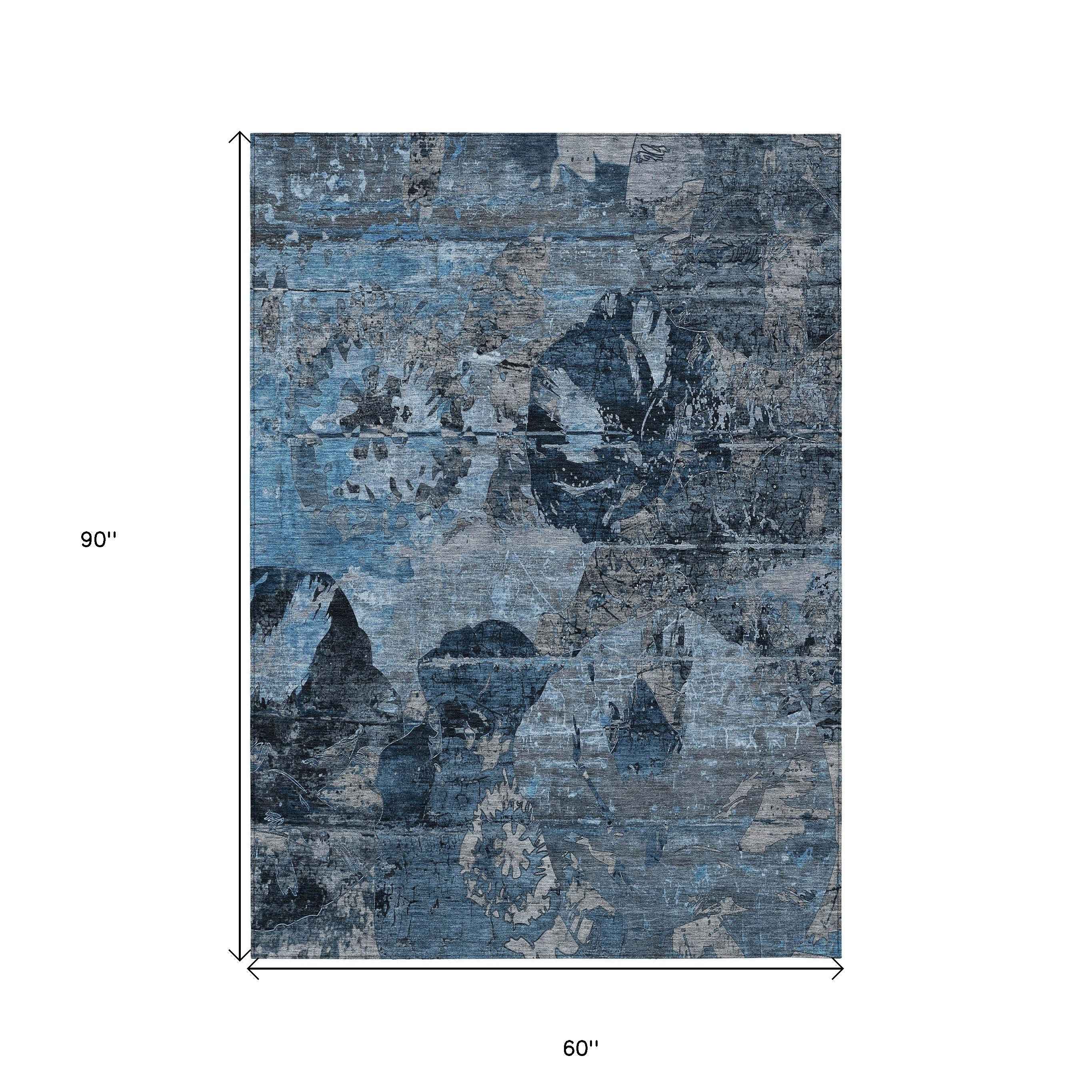 5' X 8' Blue And Dark Blue Floral Washable Indoor Outdoor Area Rug