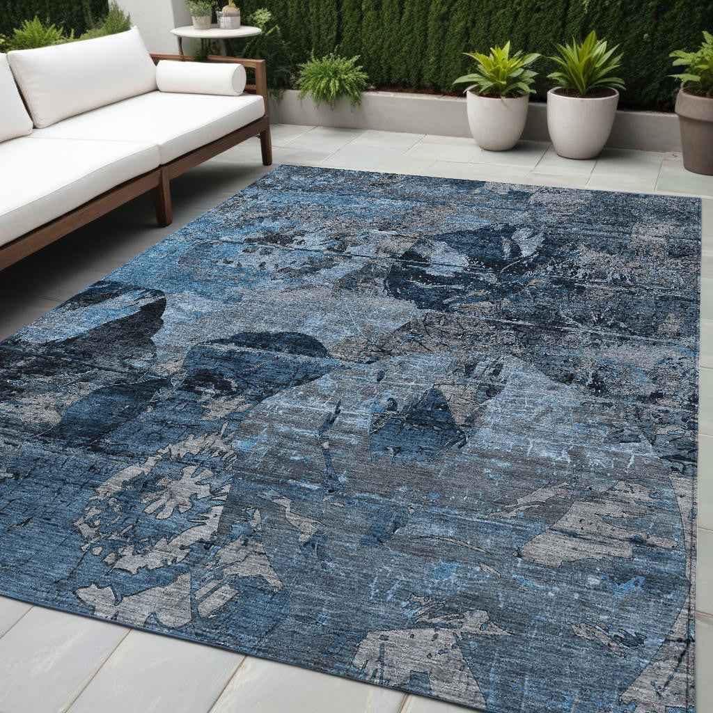 5' X 8' Blue And Dark Blue Floral Washable Indoor Outdoor Area Rug