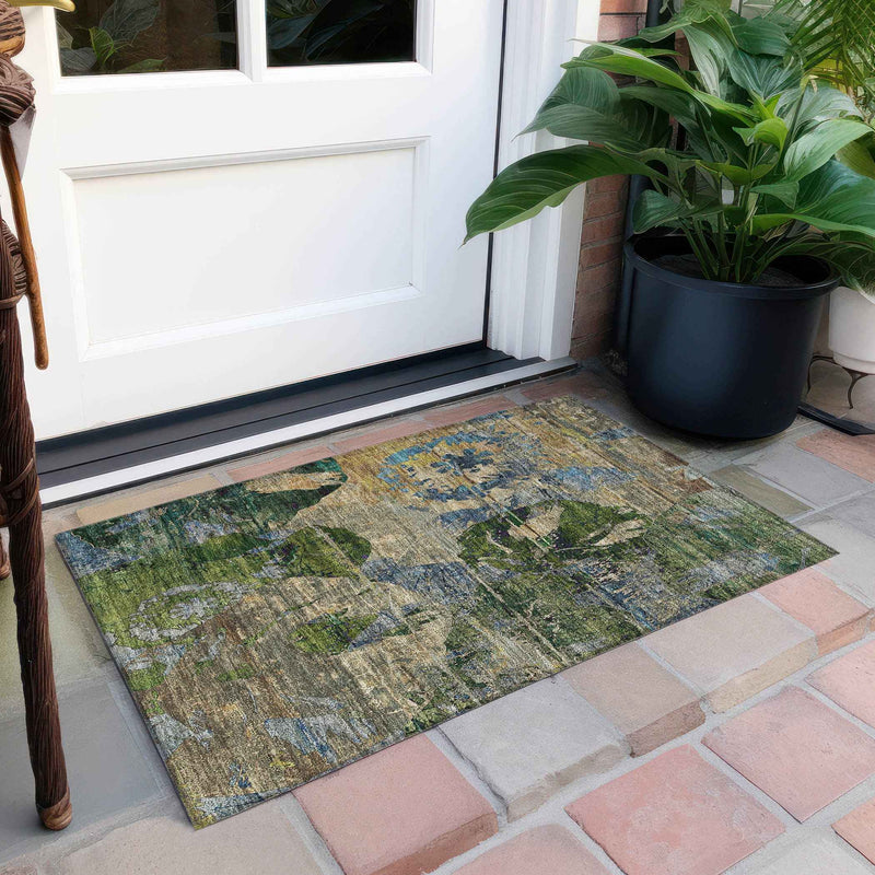 2' X 3' Taupe Blue and Green Floral Washable Non Skid Indoor Outdoor Area Rug