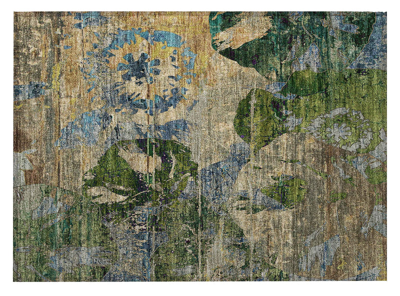 2' X 3' Taupe Blue and Green Floral Washable Non Skid Indoor Outdoor Area Rug