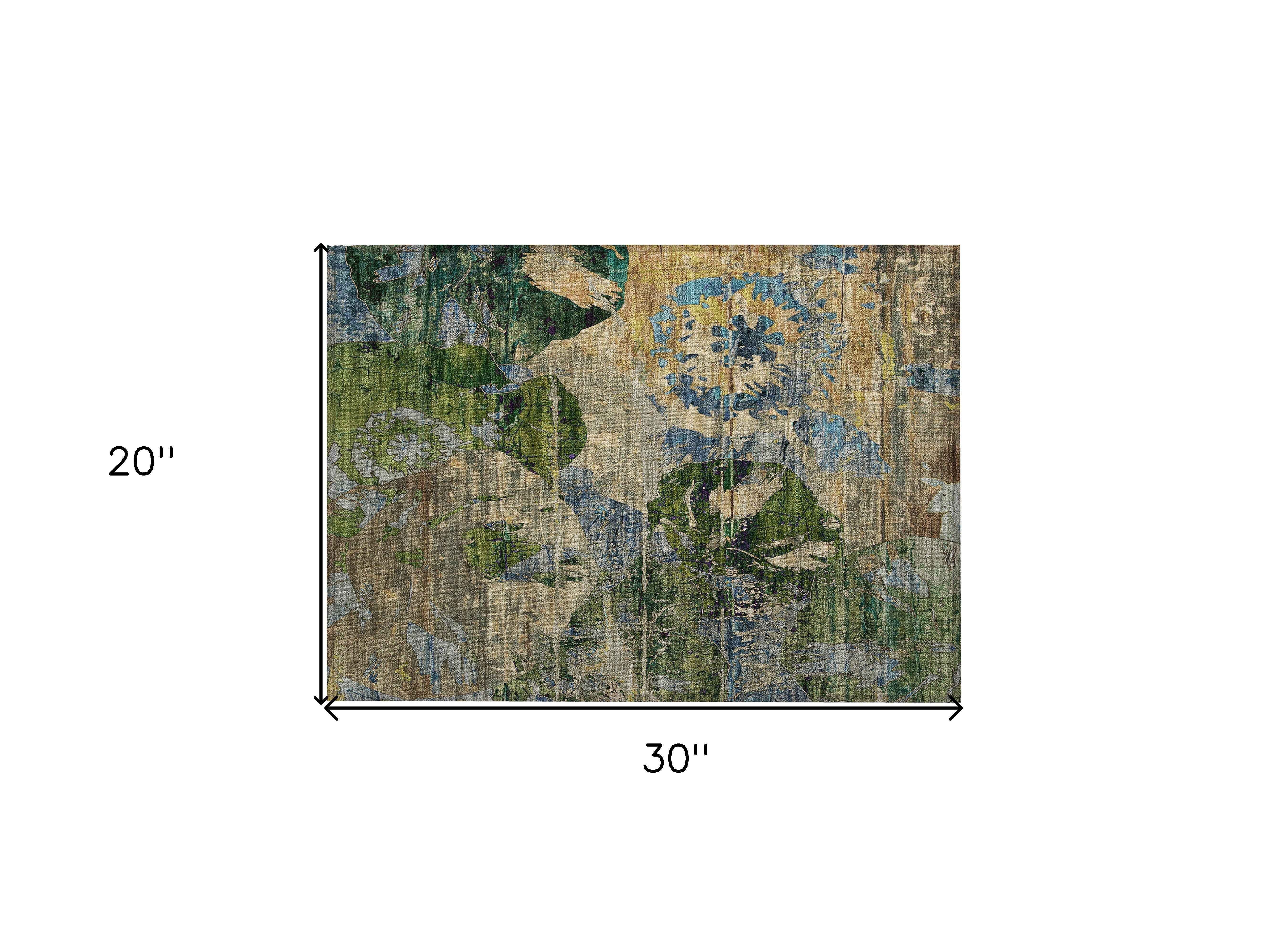2' X 3' Taupe Blue and Green Floral Washable Non Skid Indoor Outdoor Area Rug