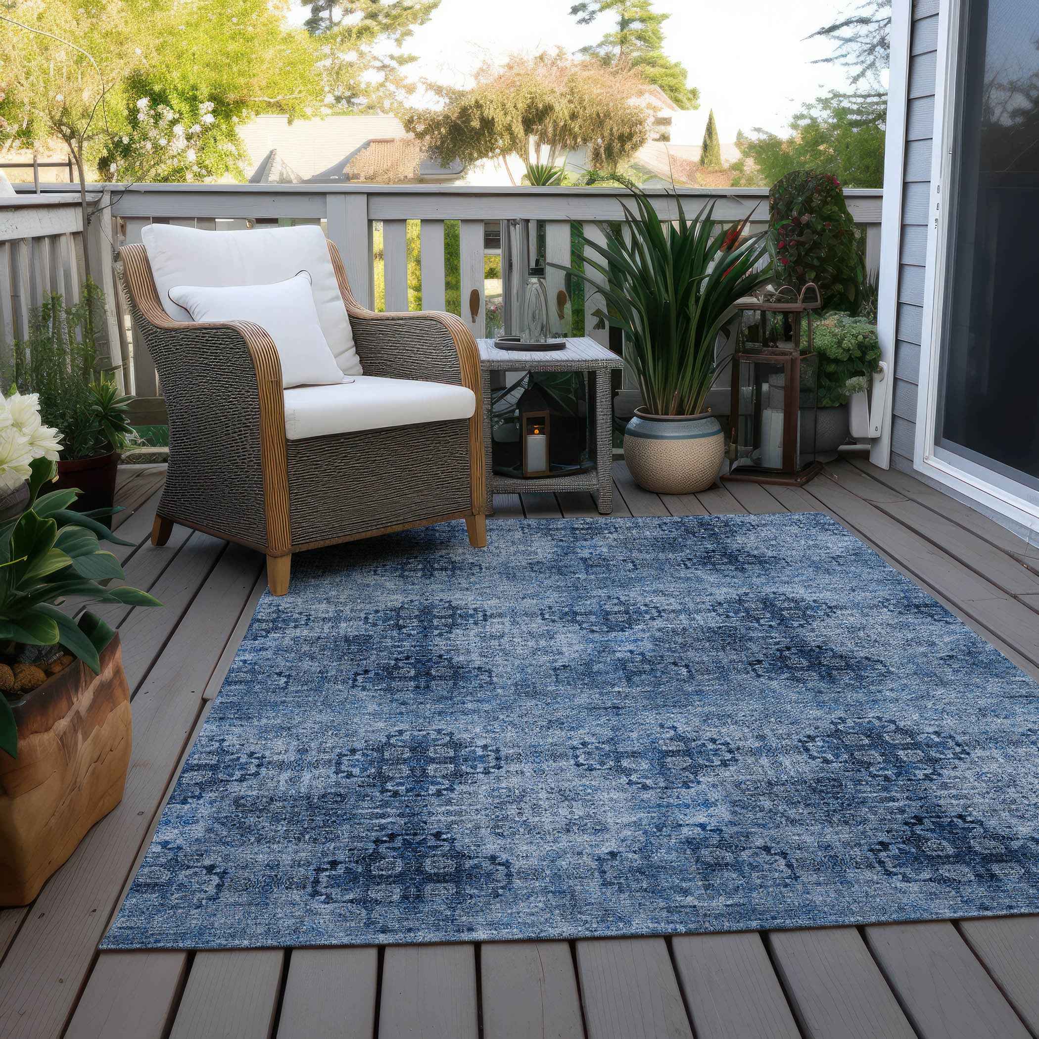 9' X 12' Navy Blue Floral Medallion Washable Non Skid Indoor Outdoor Area Rug