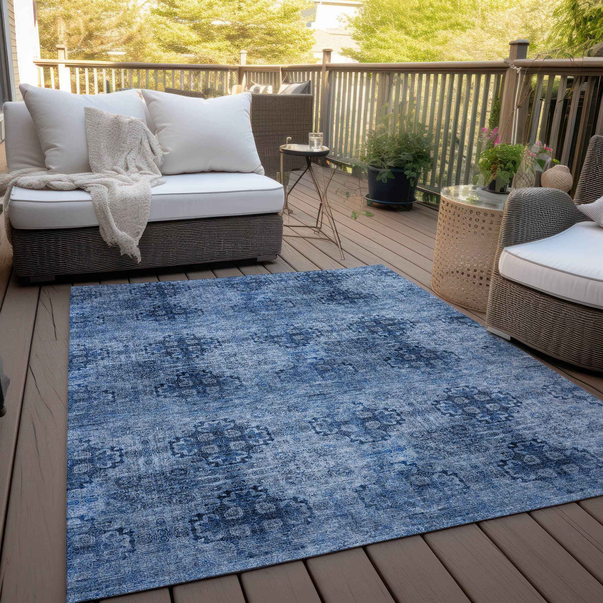 9' X 12' Navy Blue Floral Medallion Washable Non Skid Indoor Outdoor Area Rug