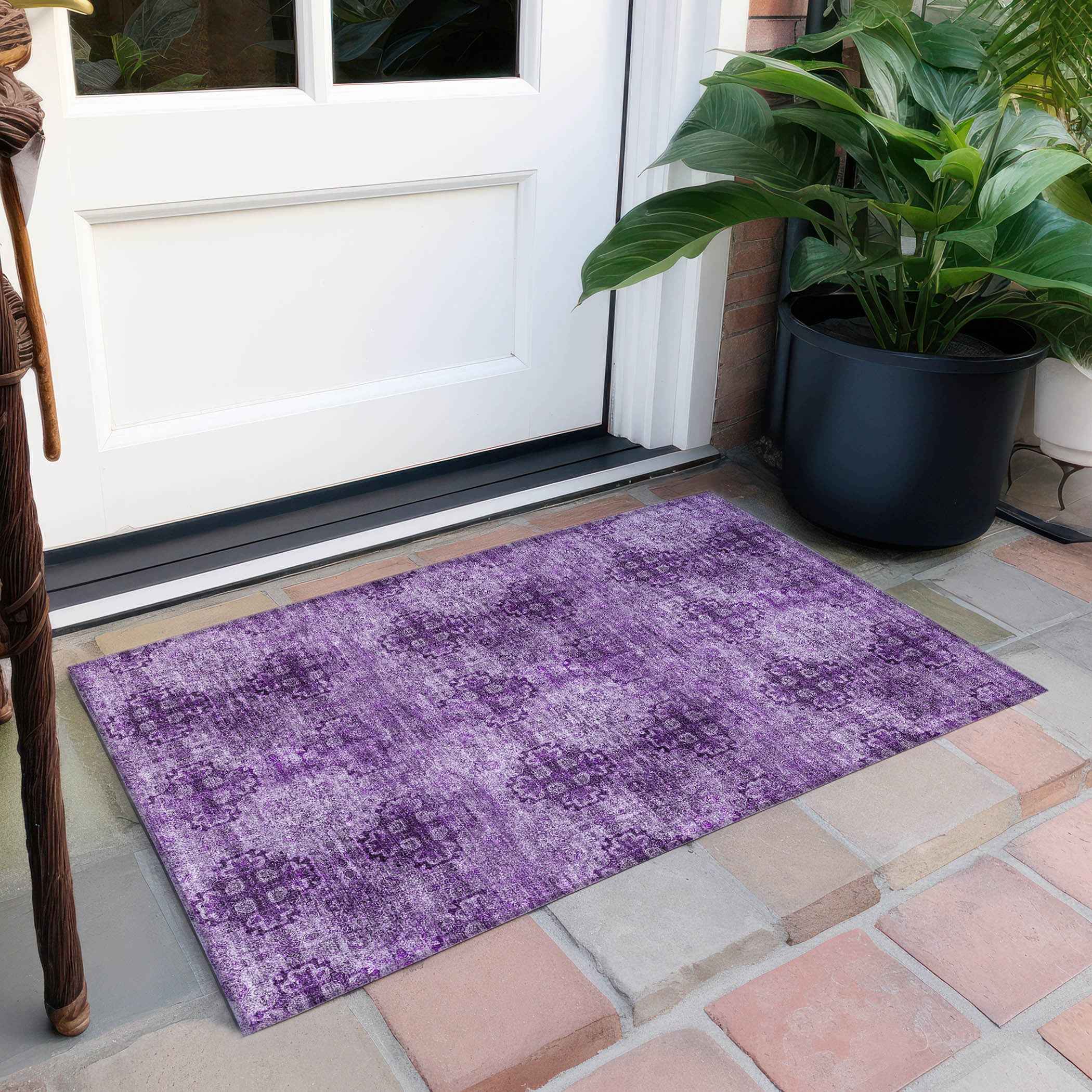 2' X 3' Eggplant Floral Medallion Washable Non Skid Indoor Outdoor Area Rug