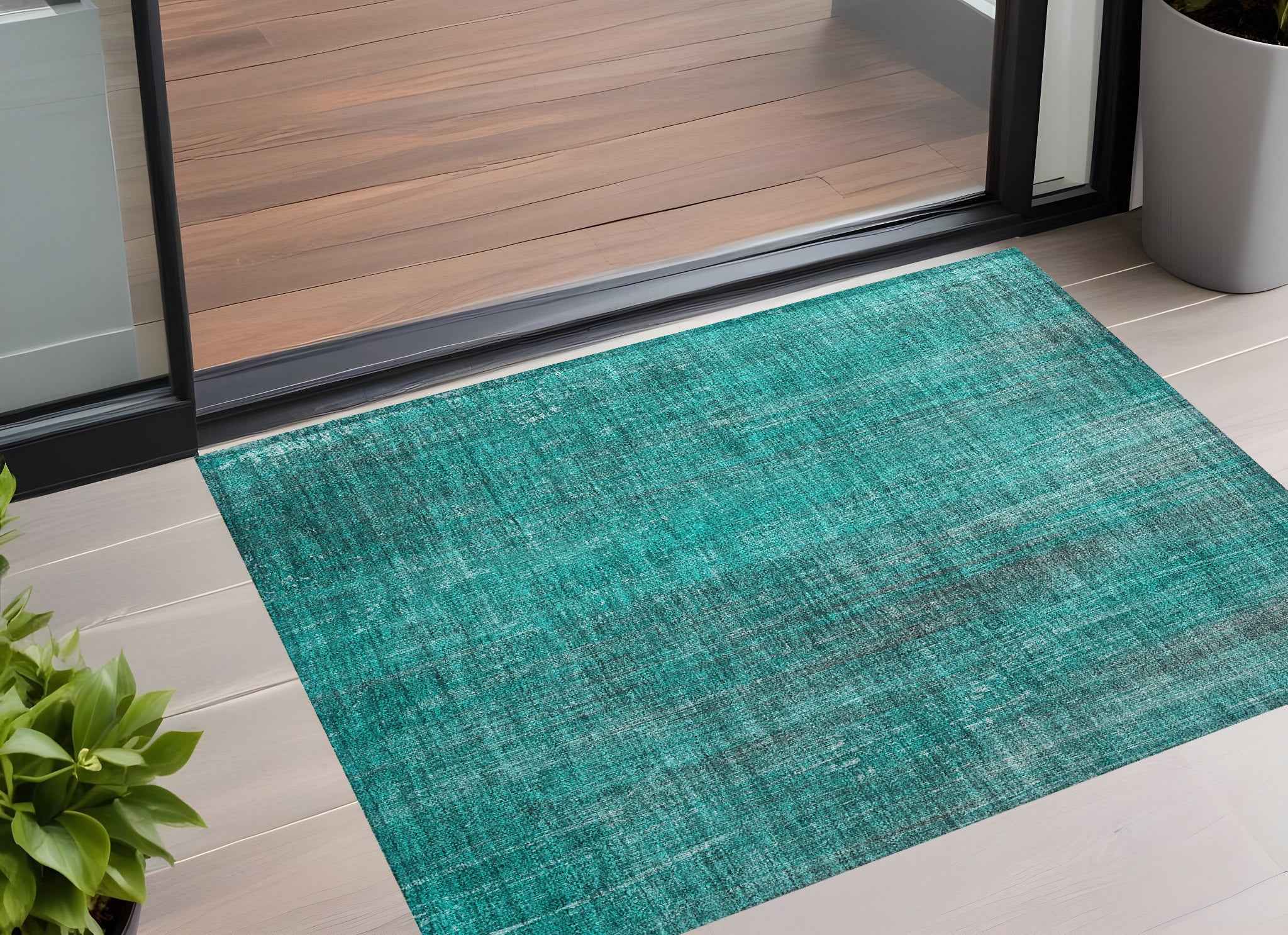 3' X 5' Teal Striped Washable Non Skid Indoor Outdoor Area Rug