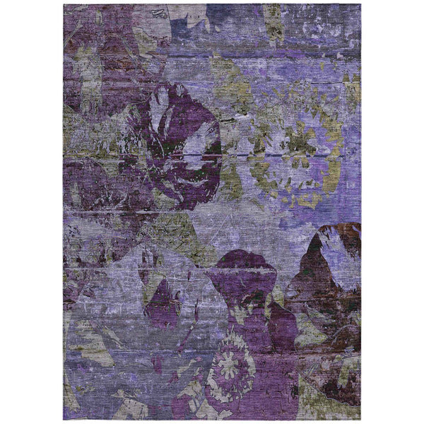 10' X 14' Purple and Green Floral Washable Non Skid Indoor Outdoor Area Rug