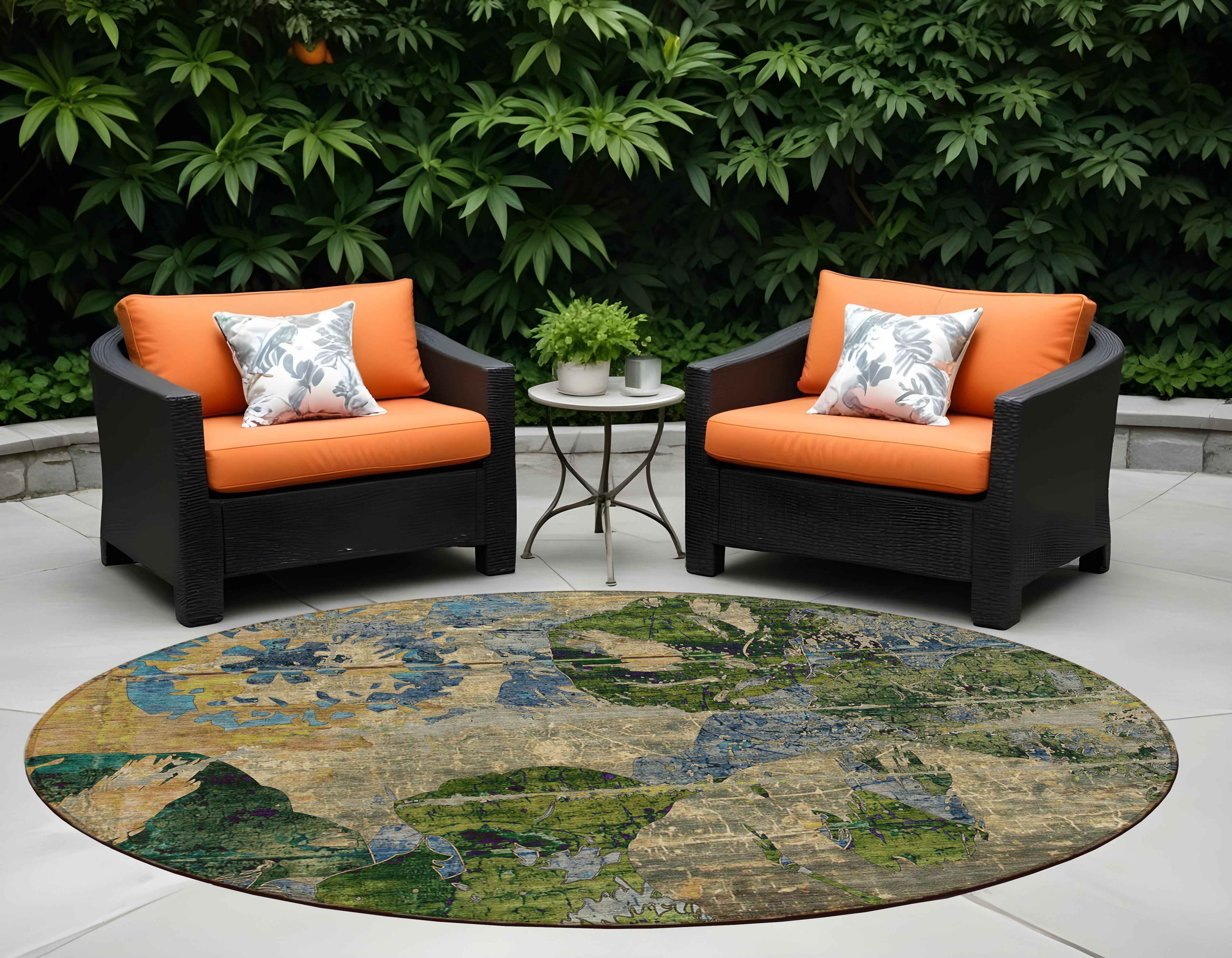 8' Round Taupe Blue and Green Round Floral Washable Non Skid Indoor Outdoor Area Rug