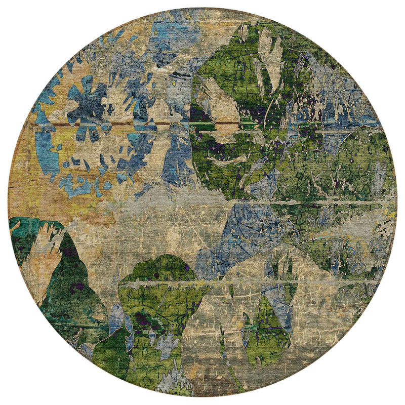 8' Round Taupe Blue and Green Round Floral Washable Non Skid Indoor Outdoor Area Rug