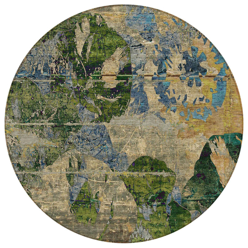 8' Round Taupe Blue and Green Round Floral Washable Non Skid Indoor Outdoor Area Rug