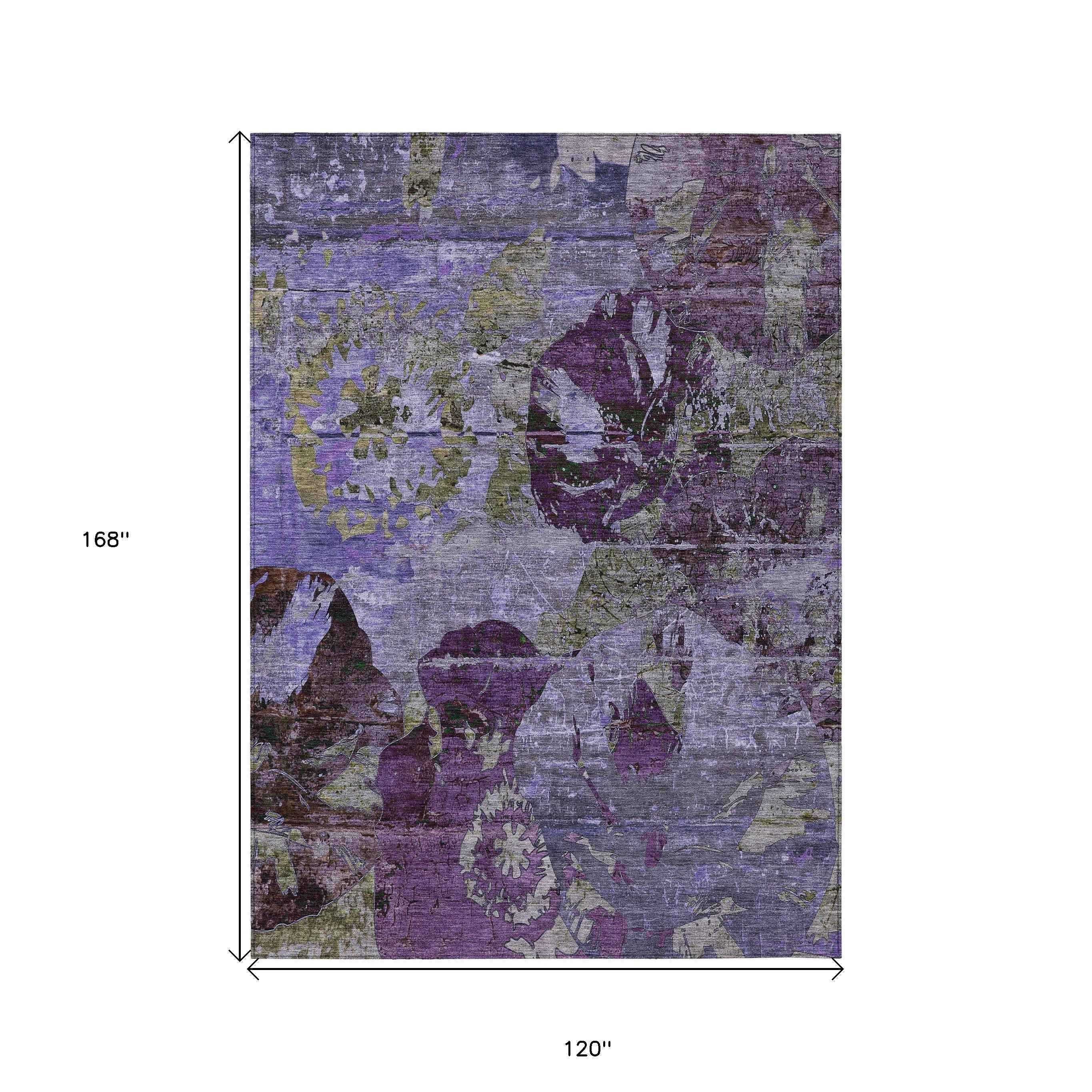 10' X 14' Purple and Green Floral Washable Non Skid Indoor Outdoor Area Rug