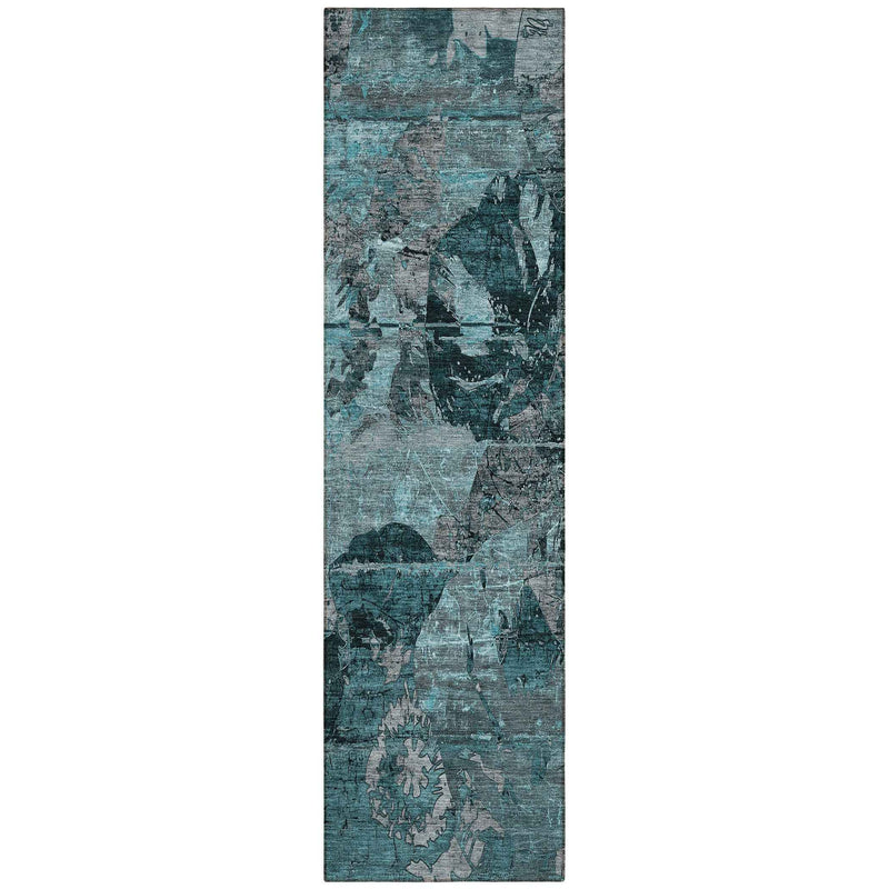 2' X 8' Teal and Gray Abstract Washable Indoor Outdoor Runner Rug