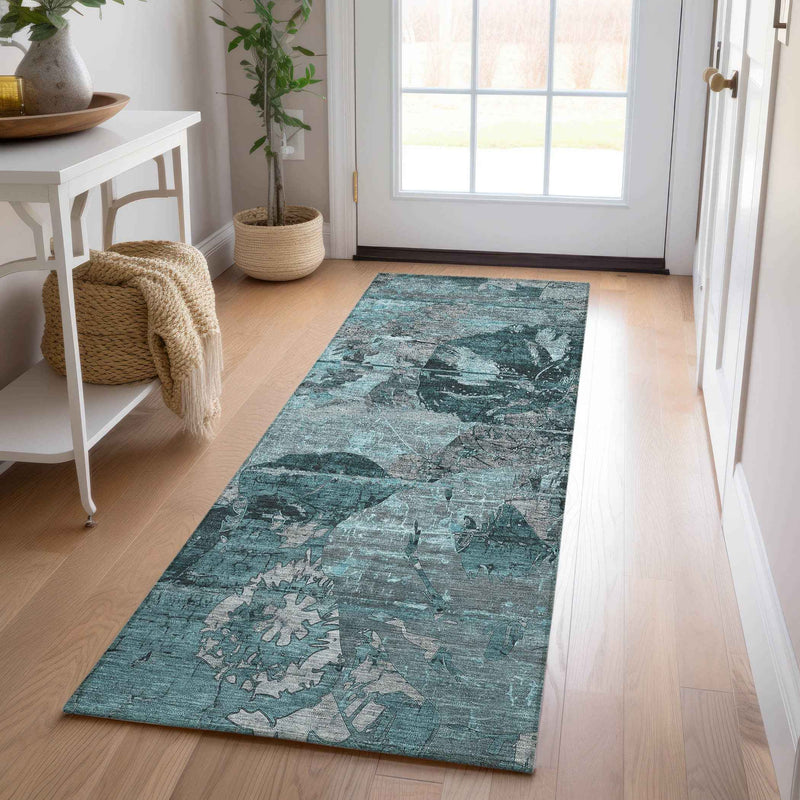 2' X 8' Teal and Gray Abstract Washable Indoor Outdoor Runner Rug