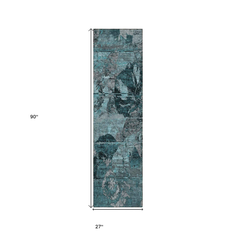 2' X 8' Teal and Gray Abstract Washable Indoor Outdoor Runner Rug