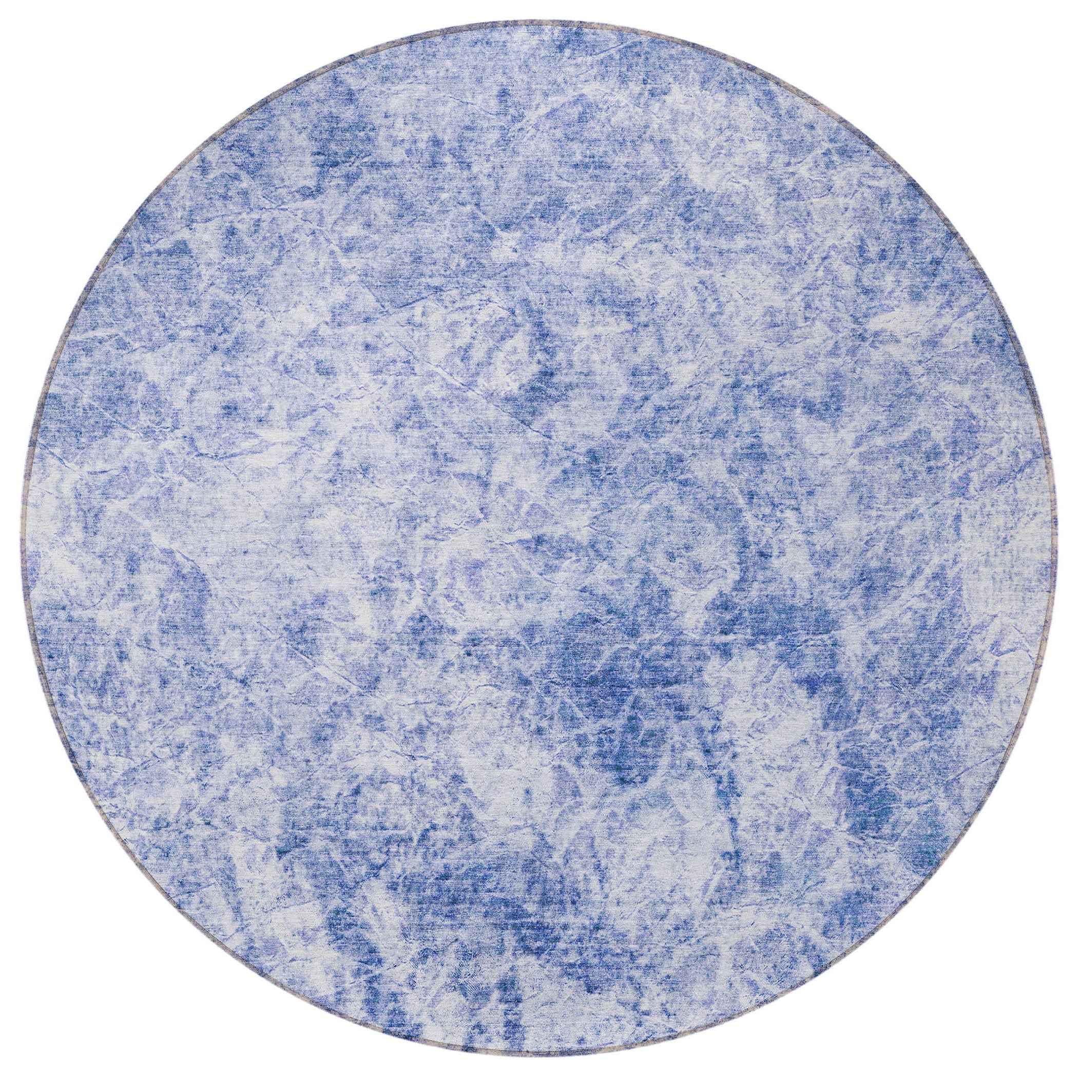 8' Round Blue Round Abstract Washable Non Skid Indoor Outdoor Area Rug