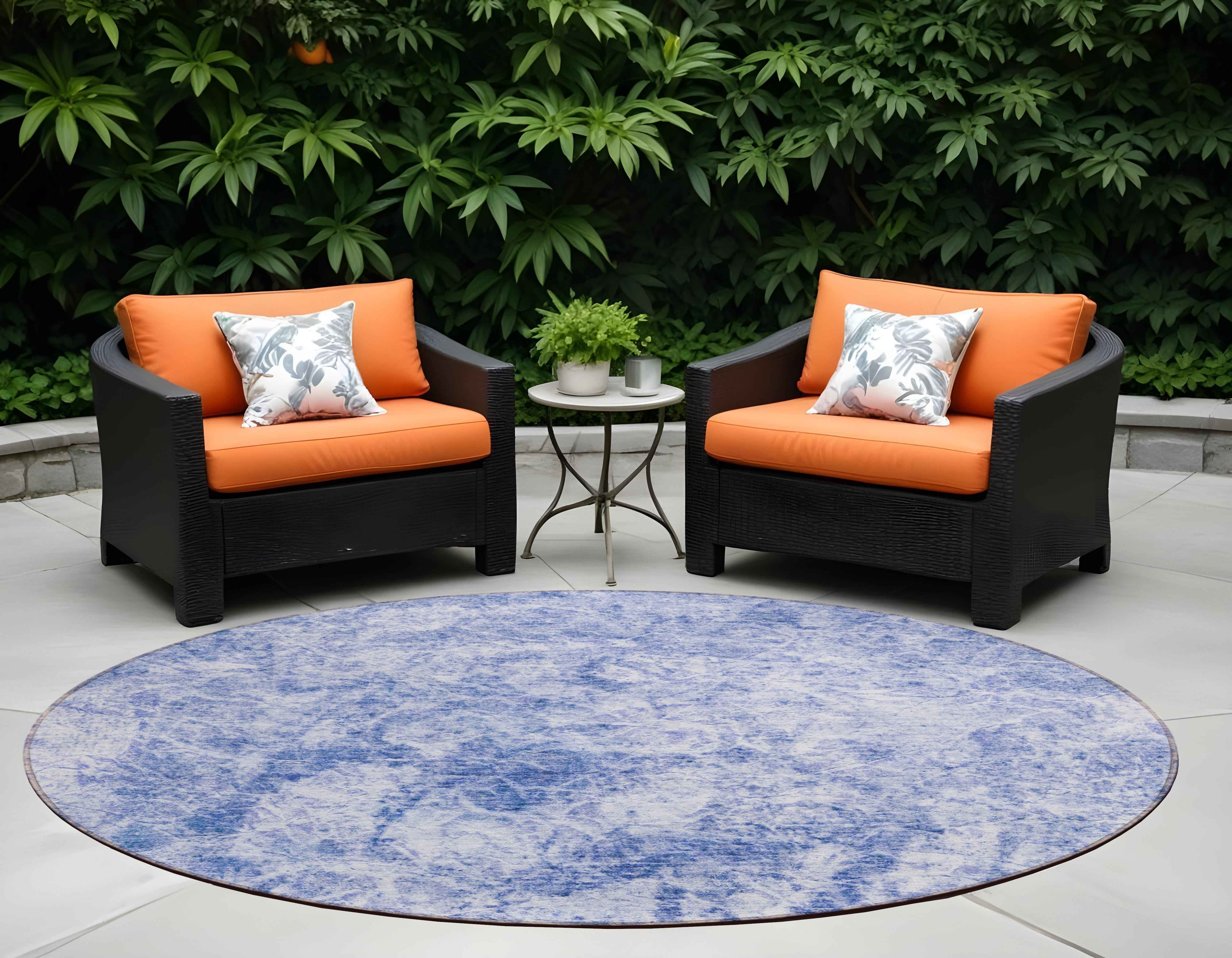 8' Round Blue Round Abstract Washable Non Skid Indoor Outdoor Area Rug
