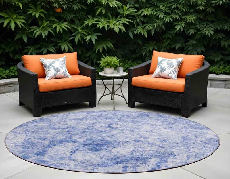 8' Round Blue Round Abstract Washable Non Skid Indoor Outdoor Area Rug