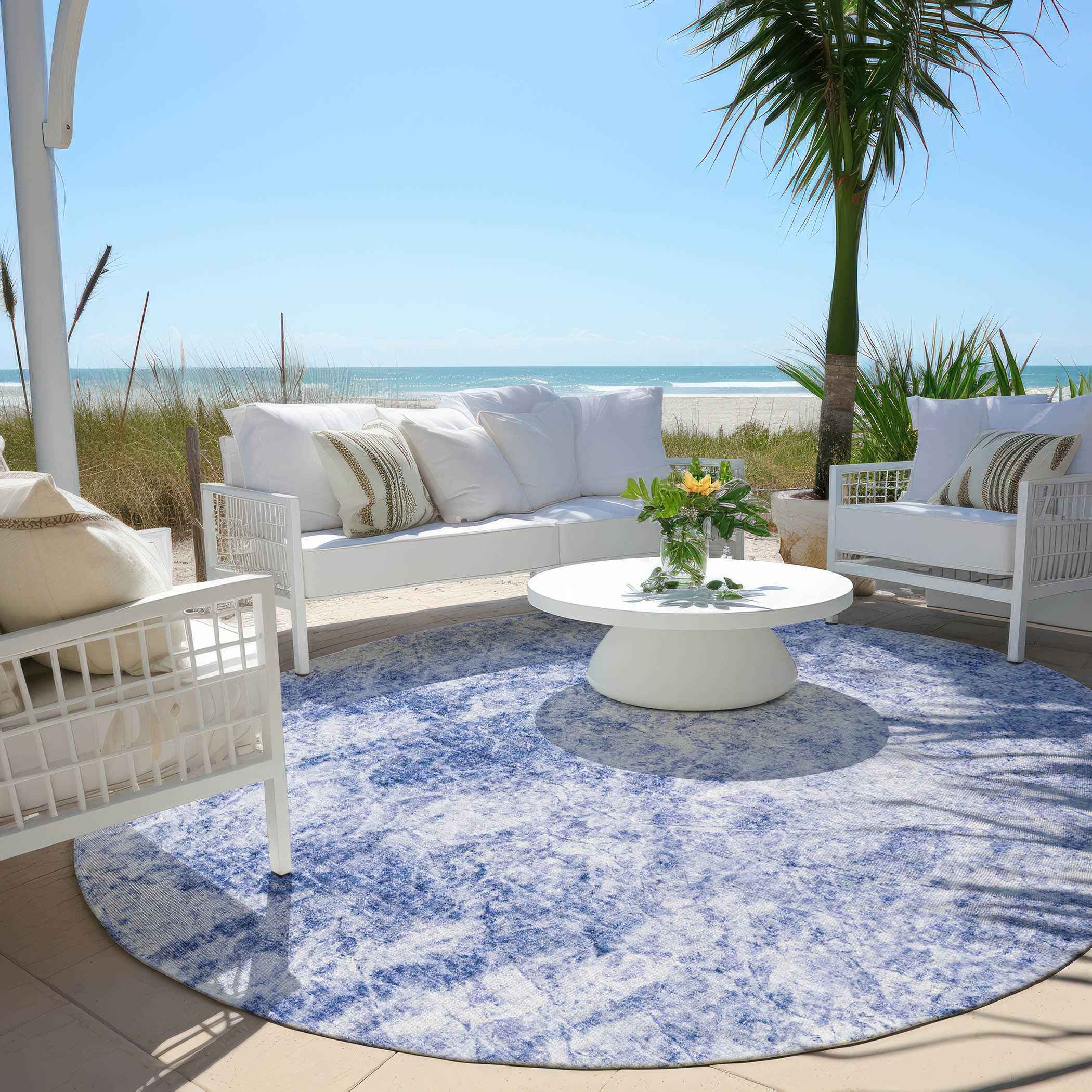 8' Round Blue Round Abstract Washable Non Skid Indoor Outdoor Area Rug