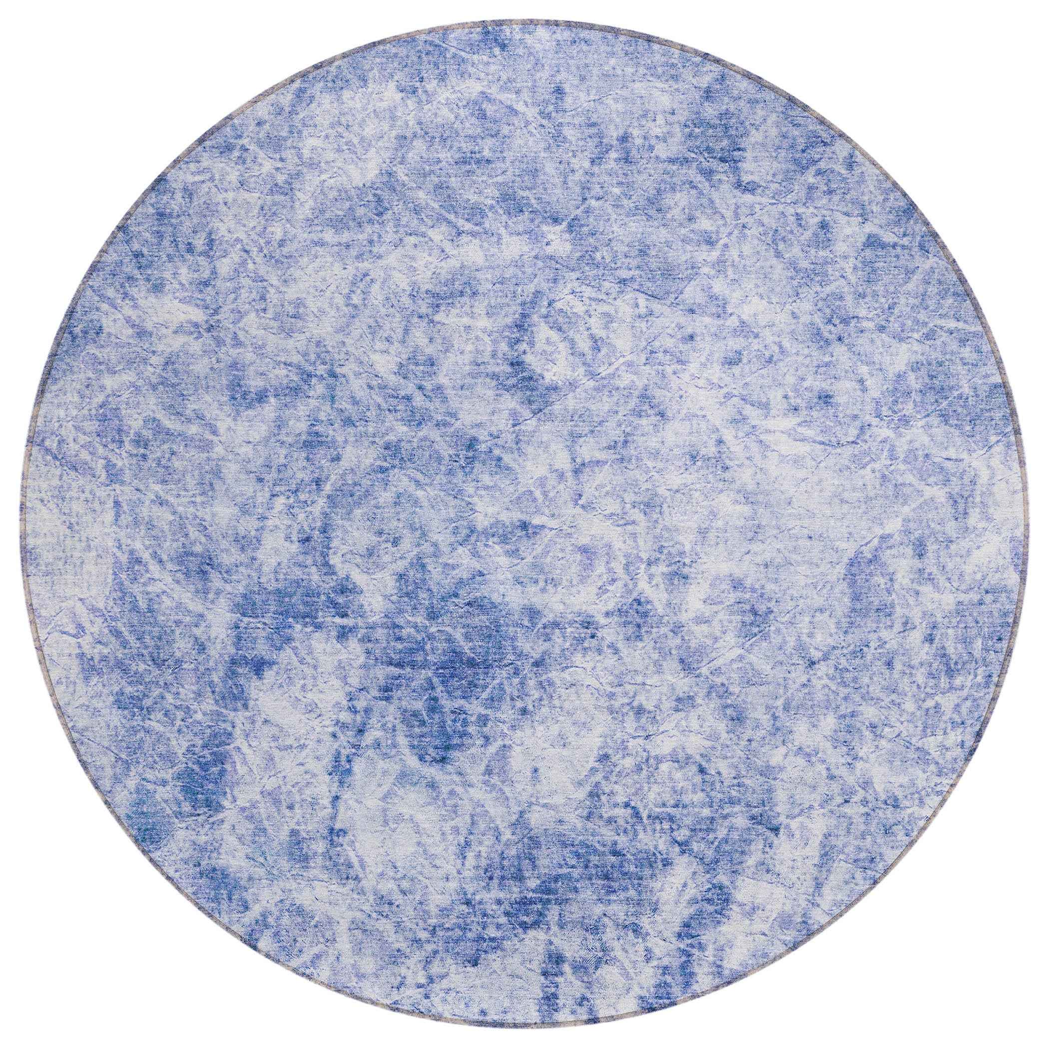 8' Round Blue Round Abstract Washable Non Skid Indoor Outdoor Area Rug