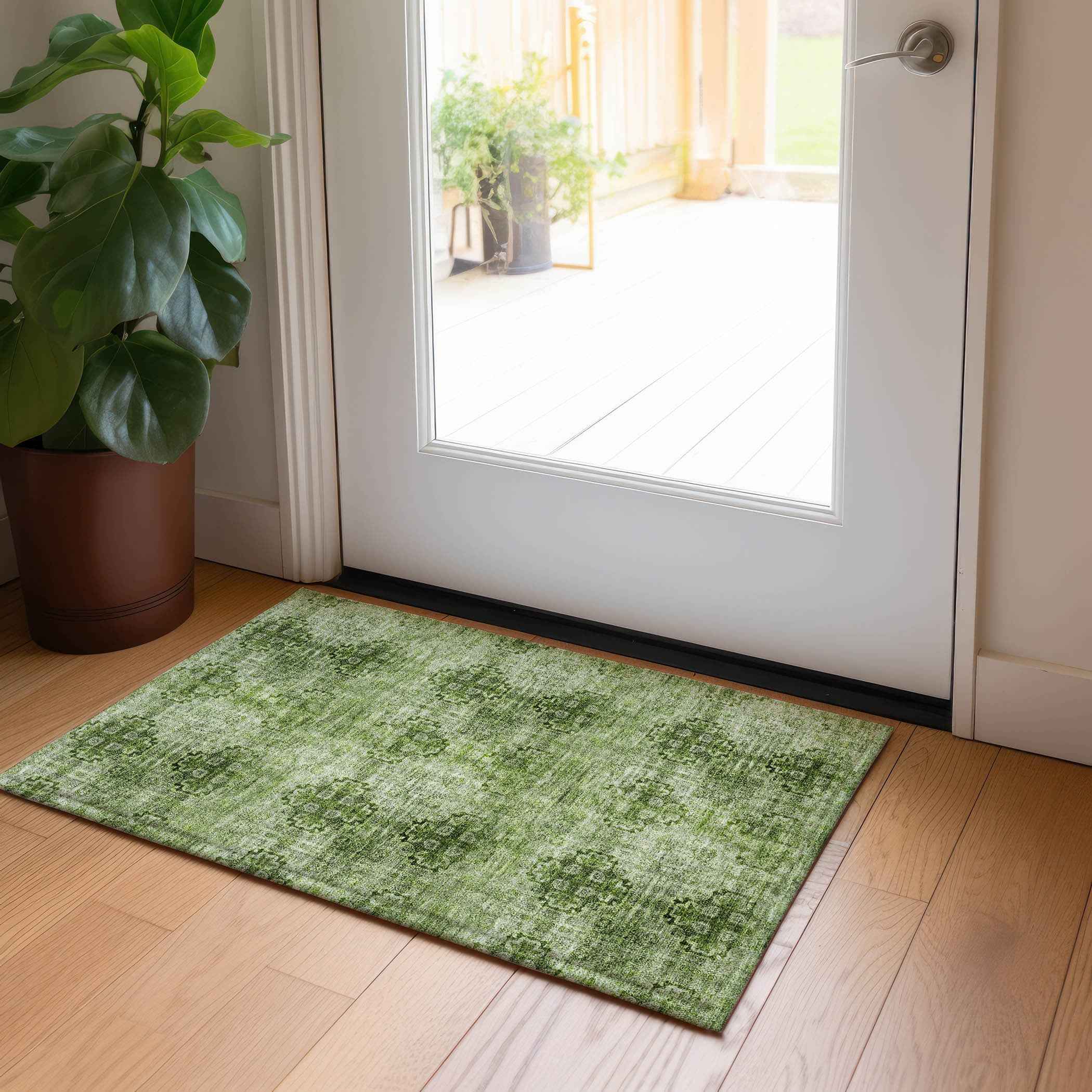 2' X 3' Olive Green Floral Medallion Washable Non Skid Indoor Outdoor Area Rug