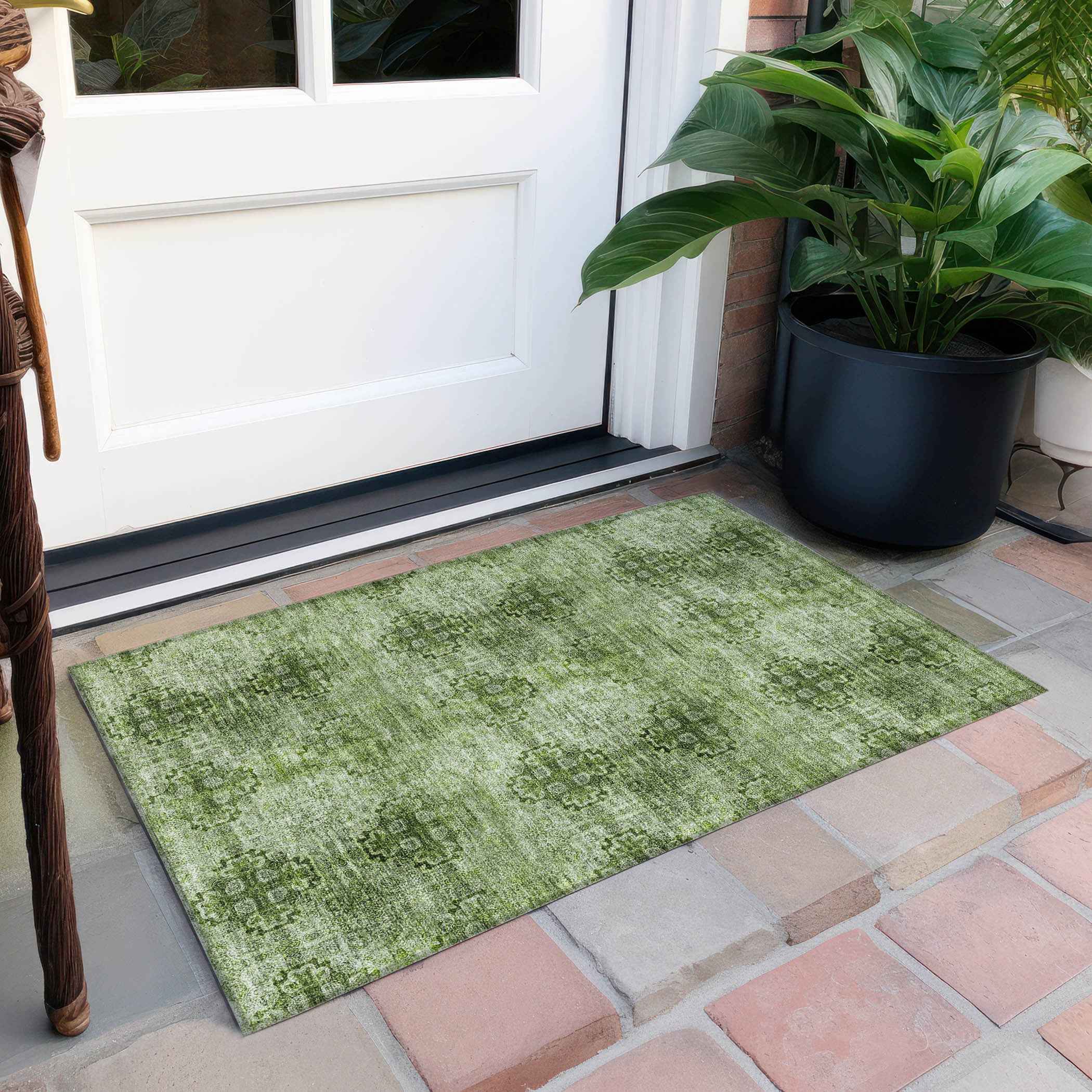 2' X 3' Olive Green Floral Medallion Washable Non Skid Indoor Outdoor Area Rug