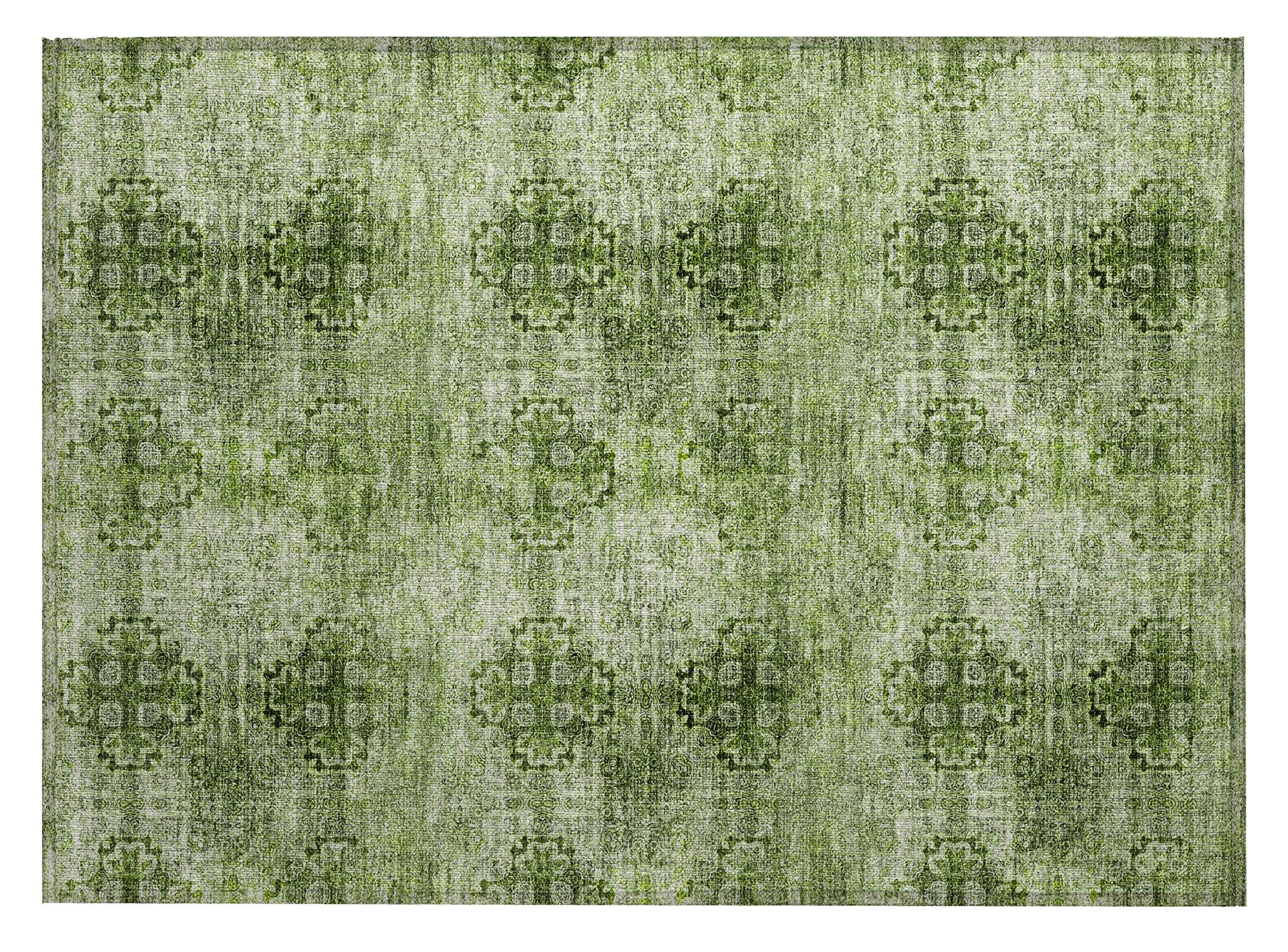 2' X 3' Olive Green Floral Medallion Washable Non Skid Indoor Outdoor Area Rug