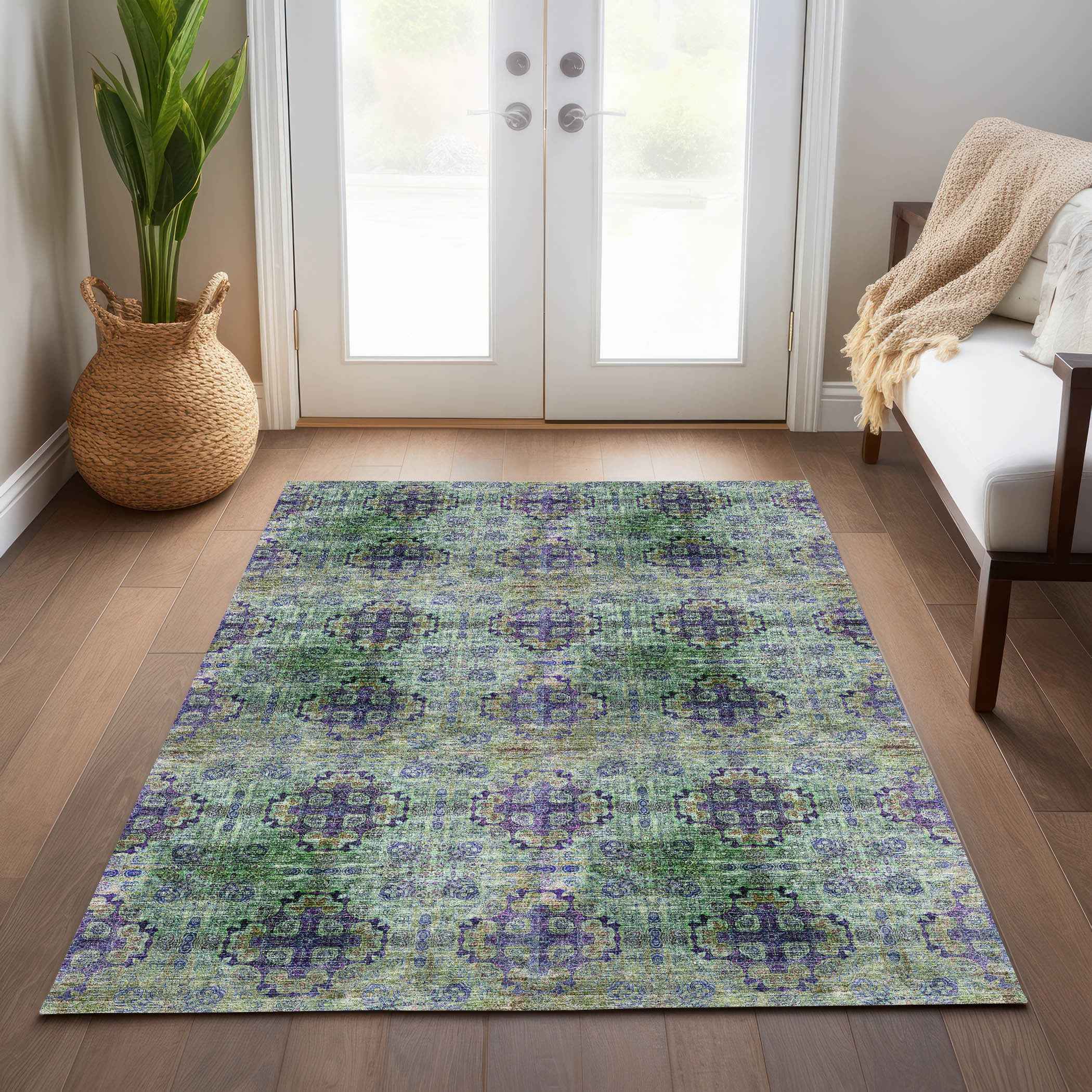 8' X 10' Purple and Green Floral Medallion Washable Non Skid Indoor Outdoor Area Rug
