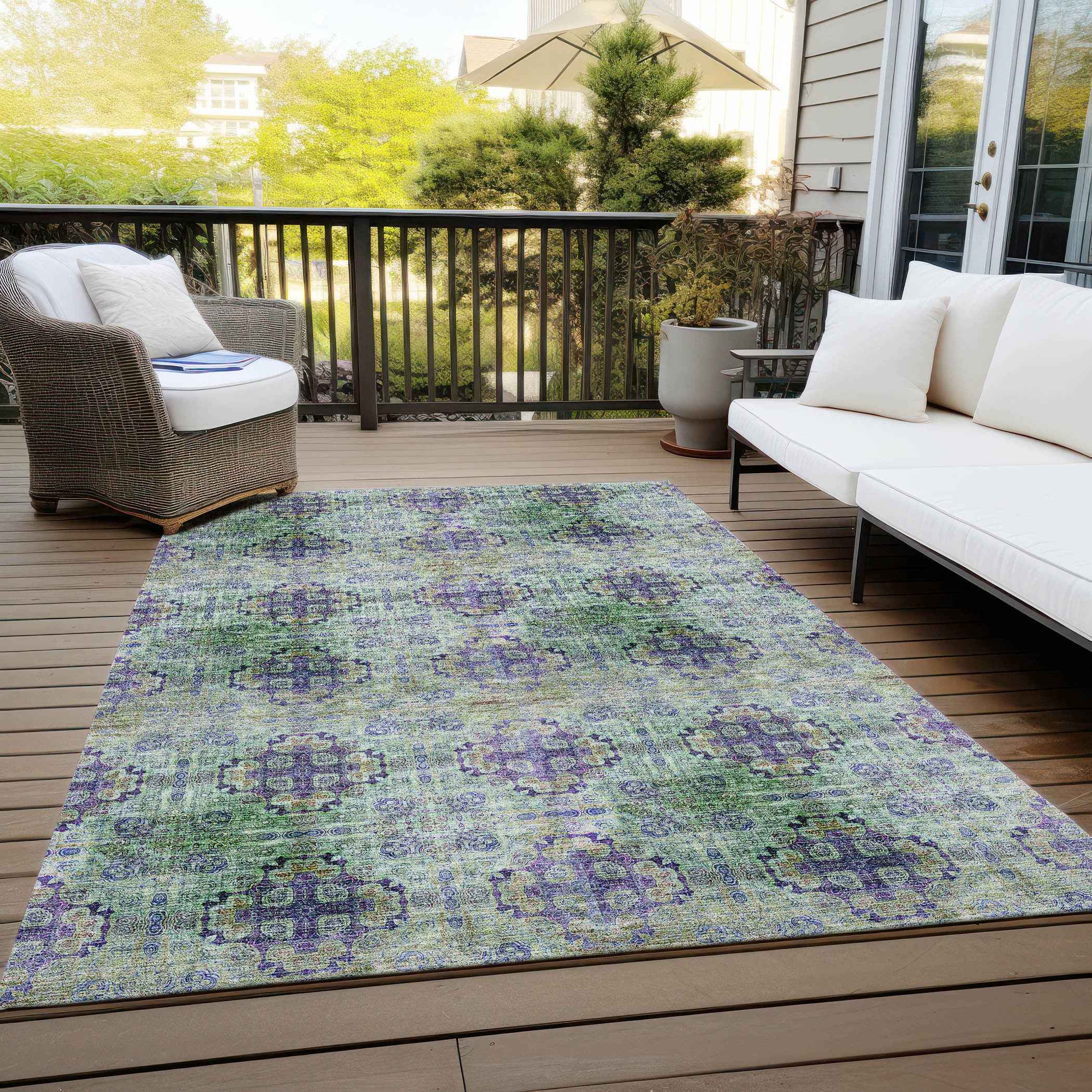 8' X 10' Purple and Green Floral Medallion Washable Non Skid Indoor Outdoor Area Rug