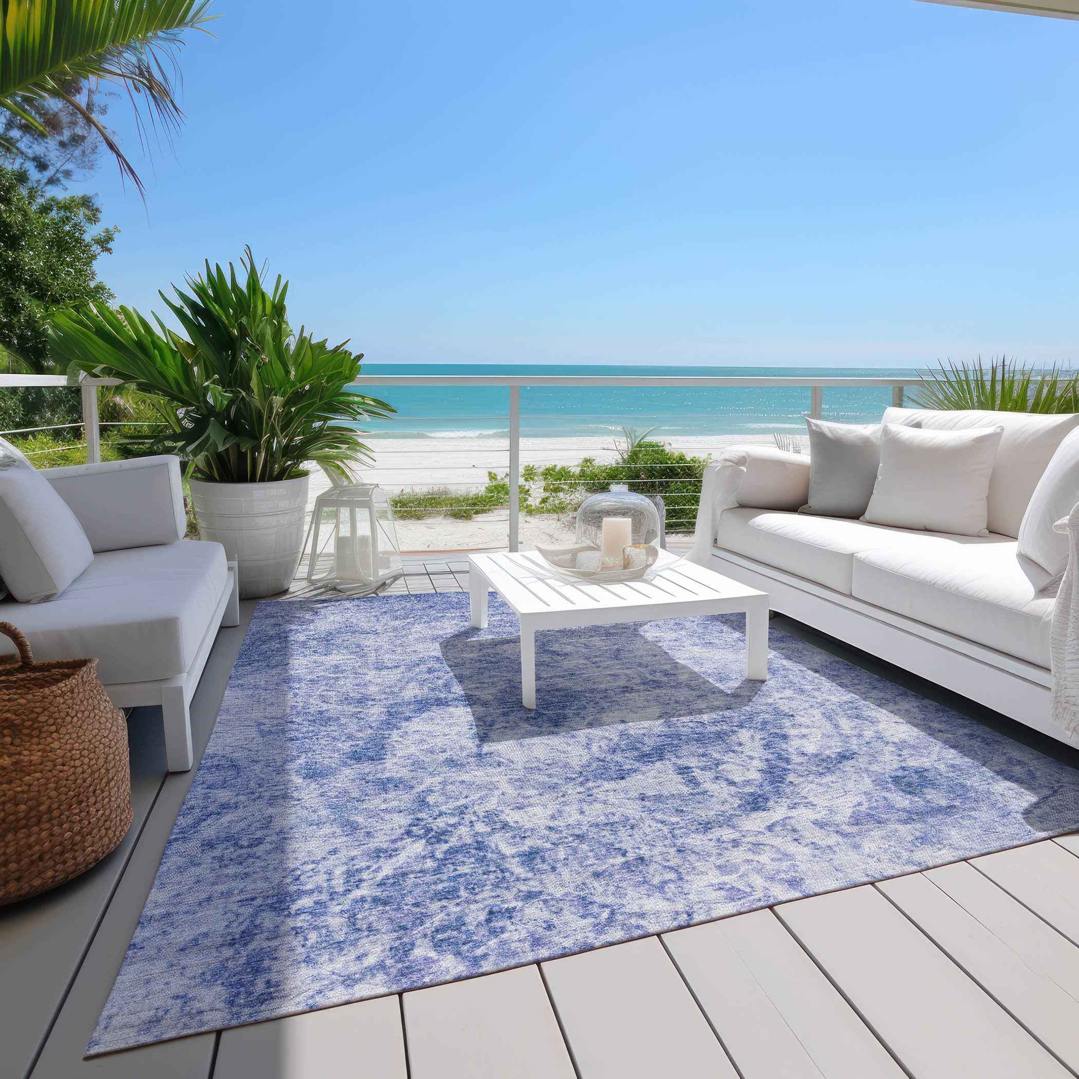 9' X 12' Blue Abstract Washable Non Skid Indoor Outdoor Area Rug