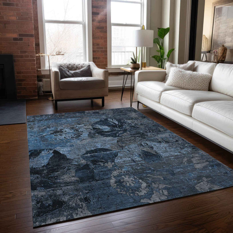 3' X 5' Blue and Dark Blue Abstract Washable Indoor Outdoor Area Rug
