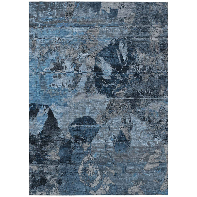 3' X 5' Blue and Dark Blue Abstract Washable Indoor Outdoor Area Rug