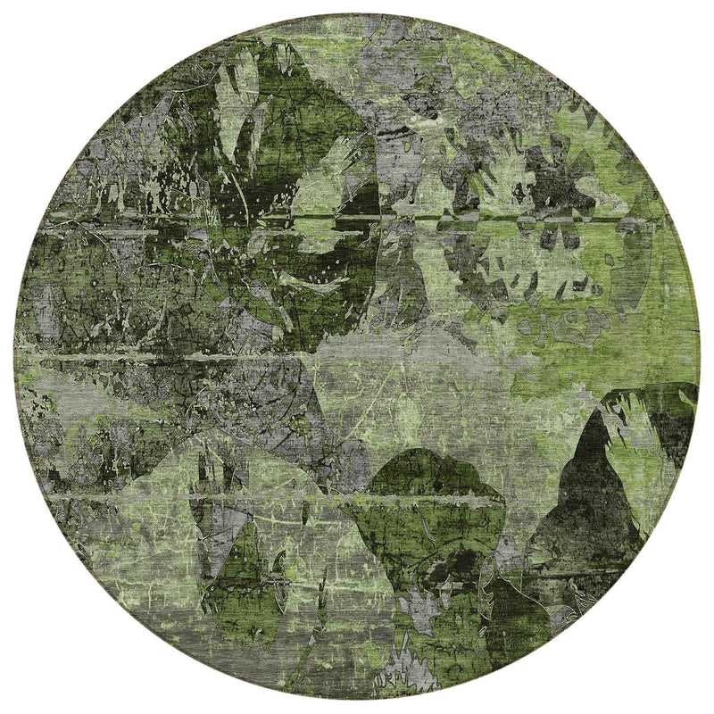 8' Round Green and Gray Round Floral Washable Non Skid Indoor Outdoor Area Rug