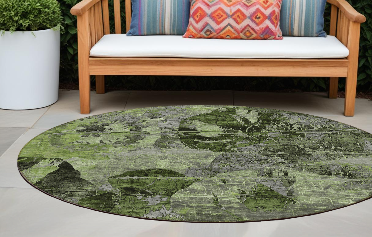 8' Round Green and Gray Round Floral Washable Non Skid Indoor Outdoor Area Rug