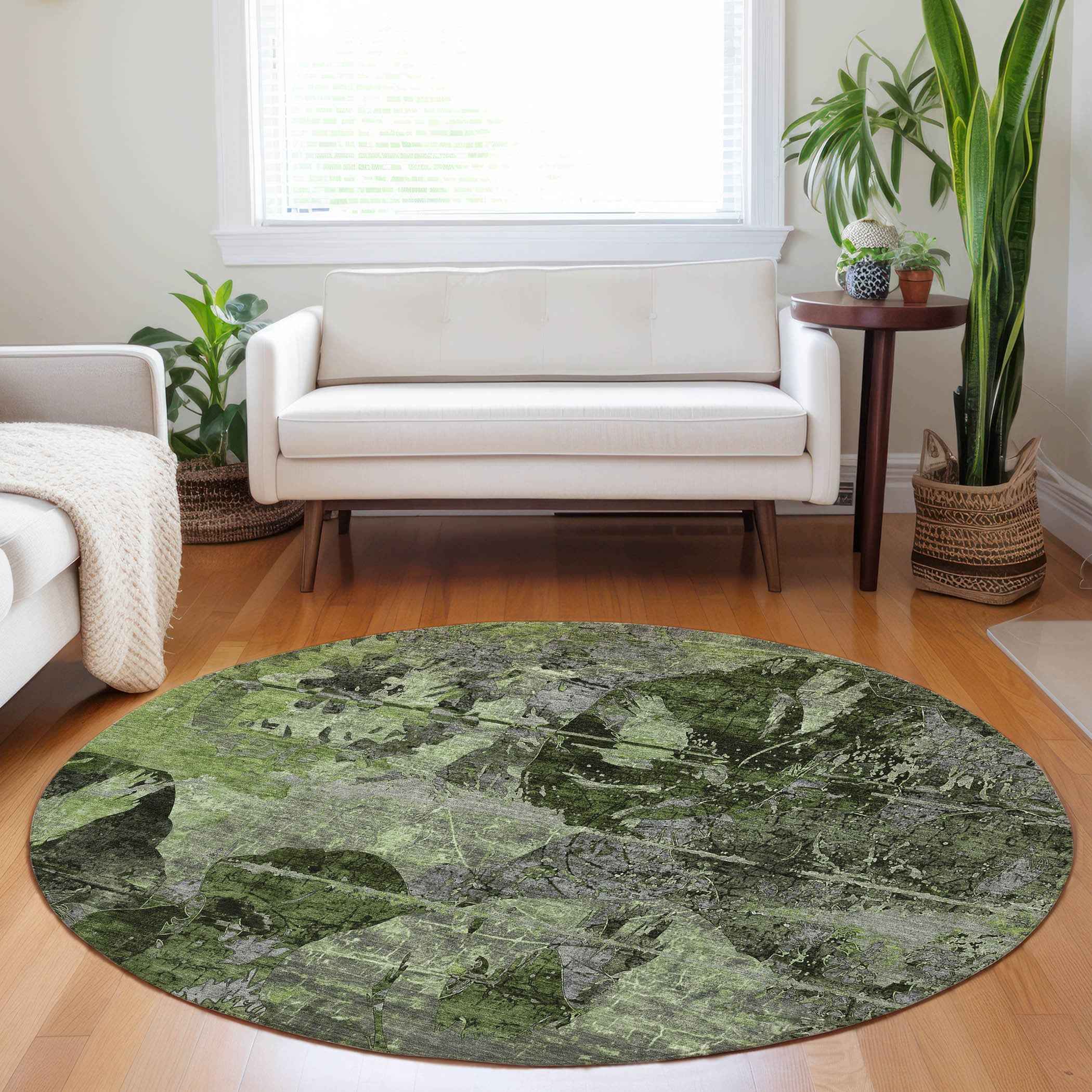 8' Round Green and Gray Round Floral Washable Non Skid Indoor Outdoor Area Rug