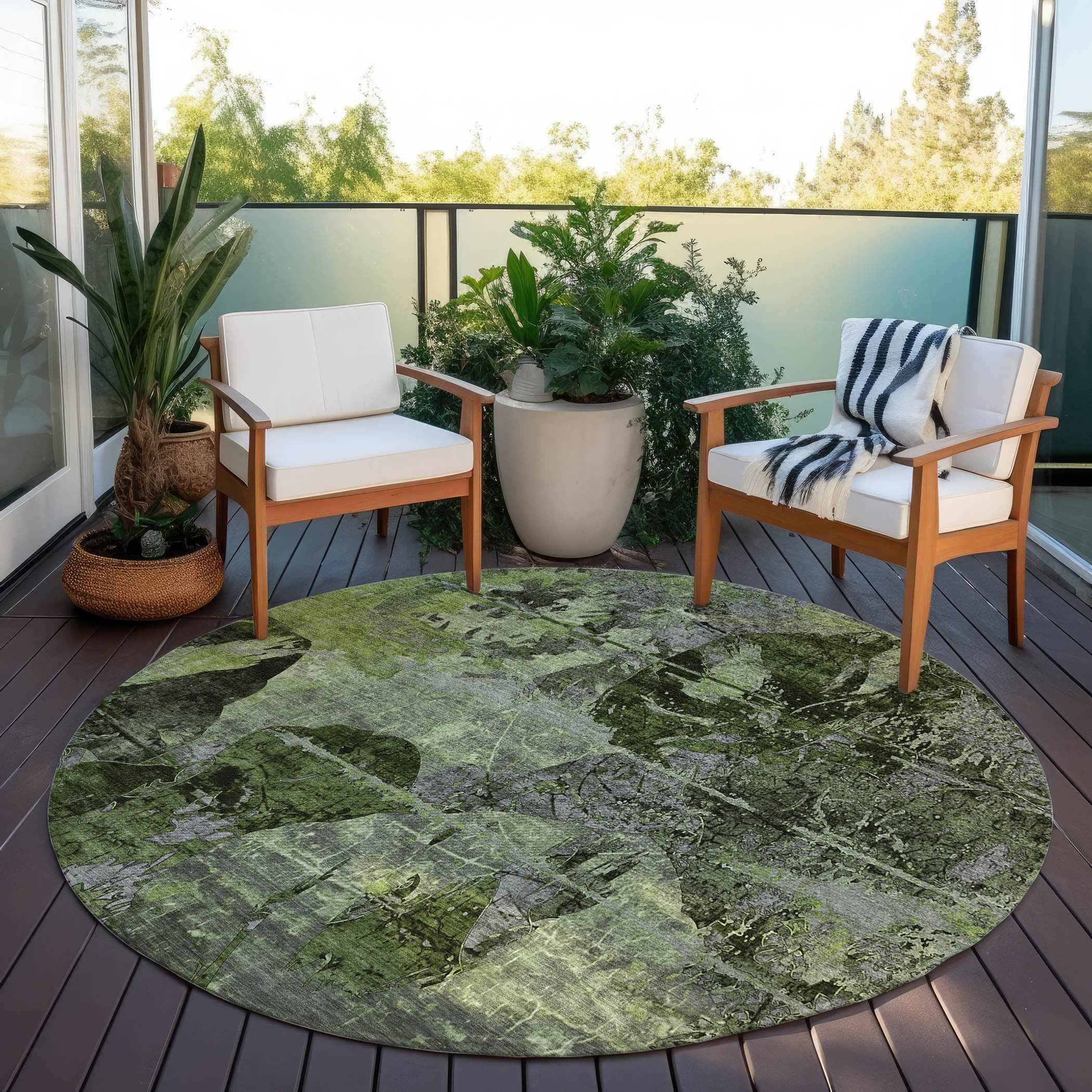 8' Round Green and Gray Round Floral Washable Non Skid Indoor Outdoor Area Rug