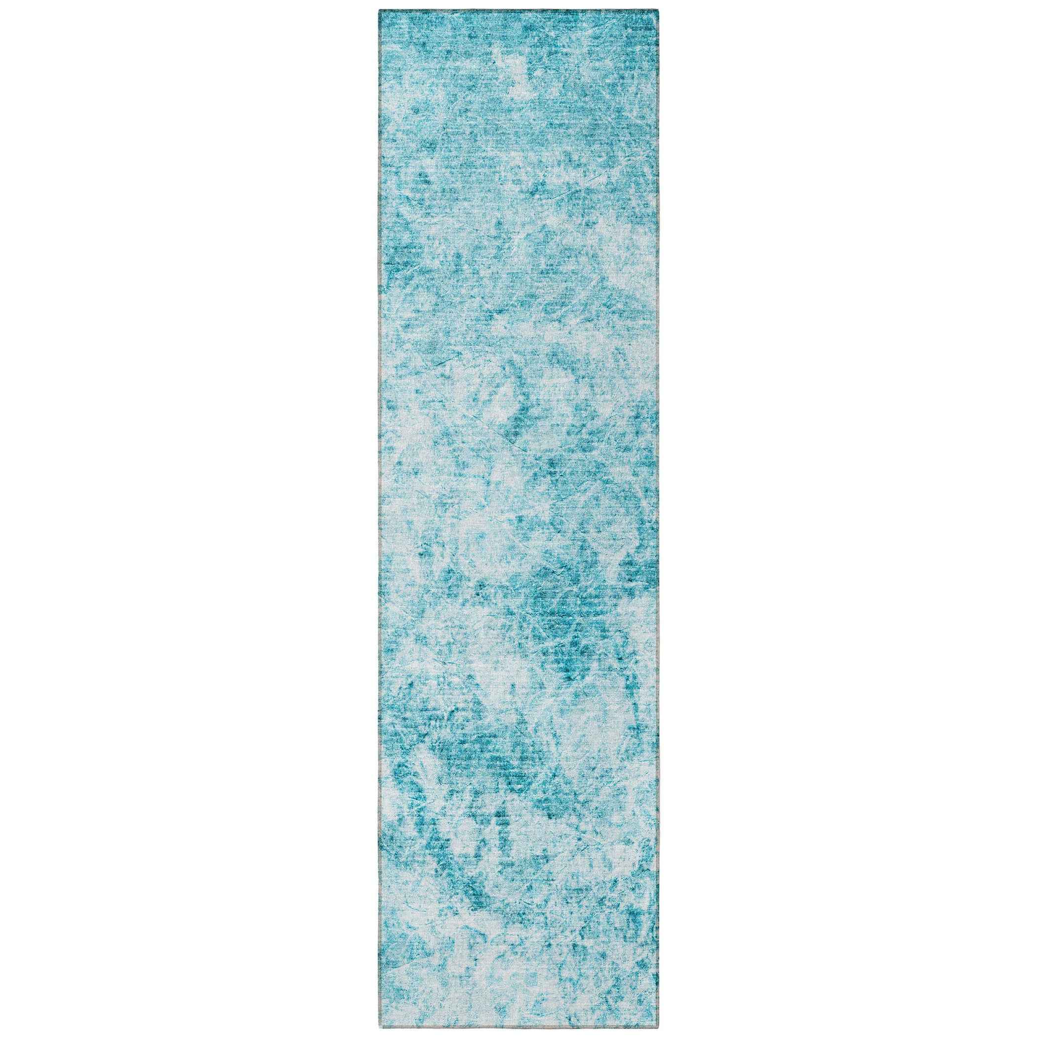 8' Runner Teal Abstract Washable Non Skid Indoor Outdoor Runner Rug