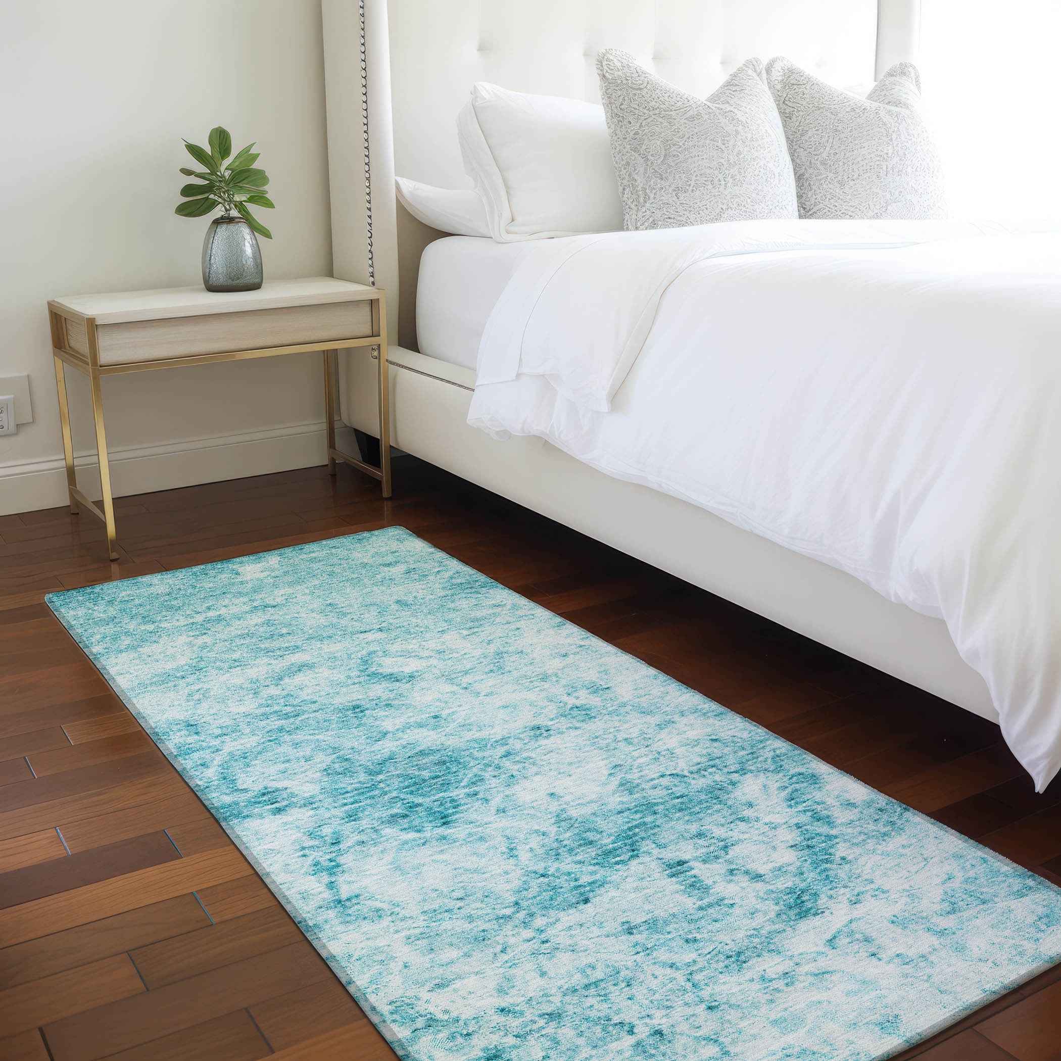 8' Runner Teal Abstract Washable Non Skid Indoor Outdoor Runner Rug
