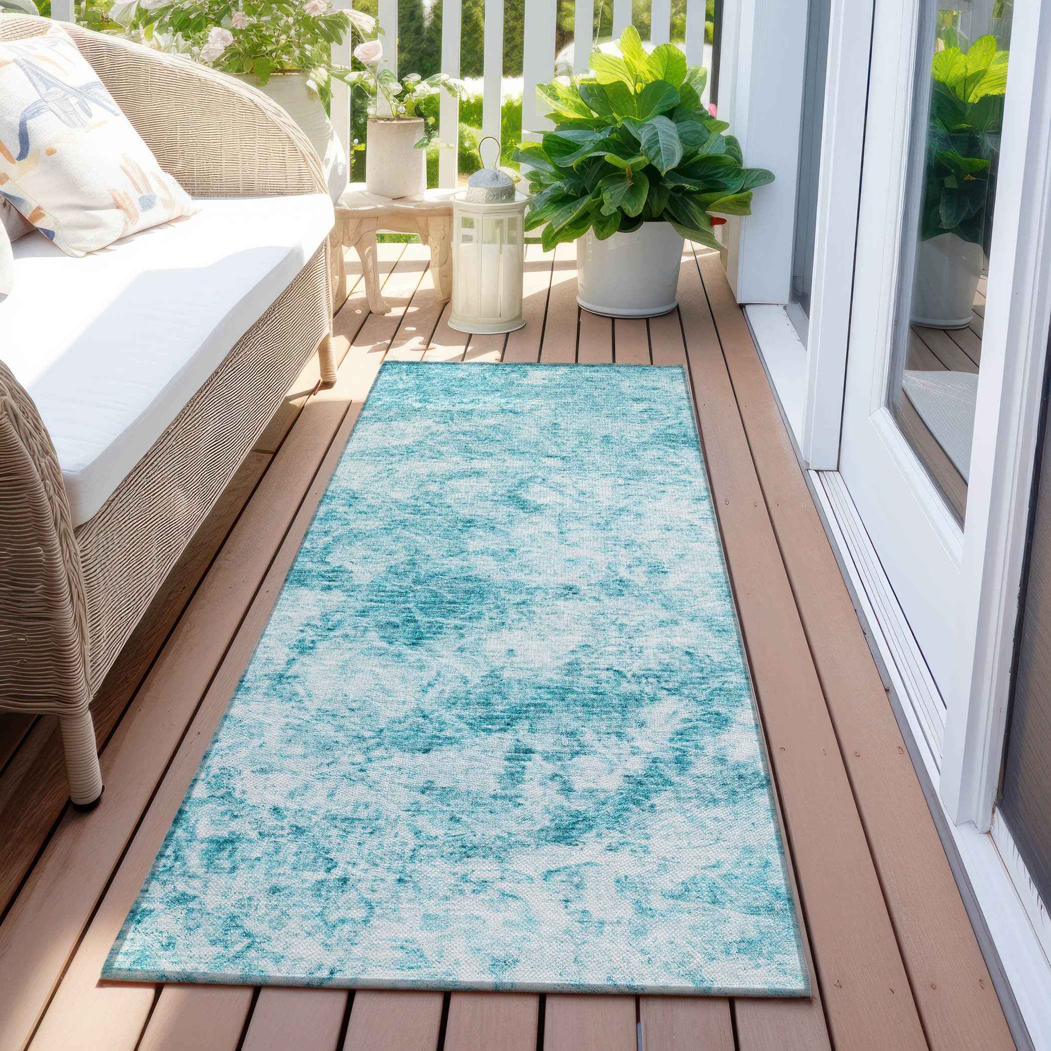 8' Runner Teal Abstract Washable Non Skid Indoor Outdoor Runner Rug
