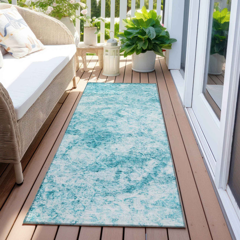 8' Runner Teal Abstract Washable Non Skid Indoor Outdoor Runner Rug