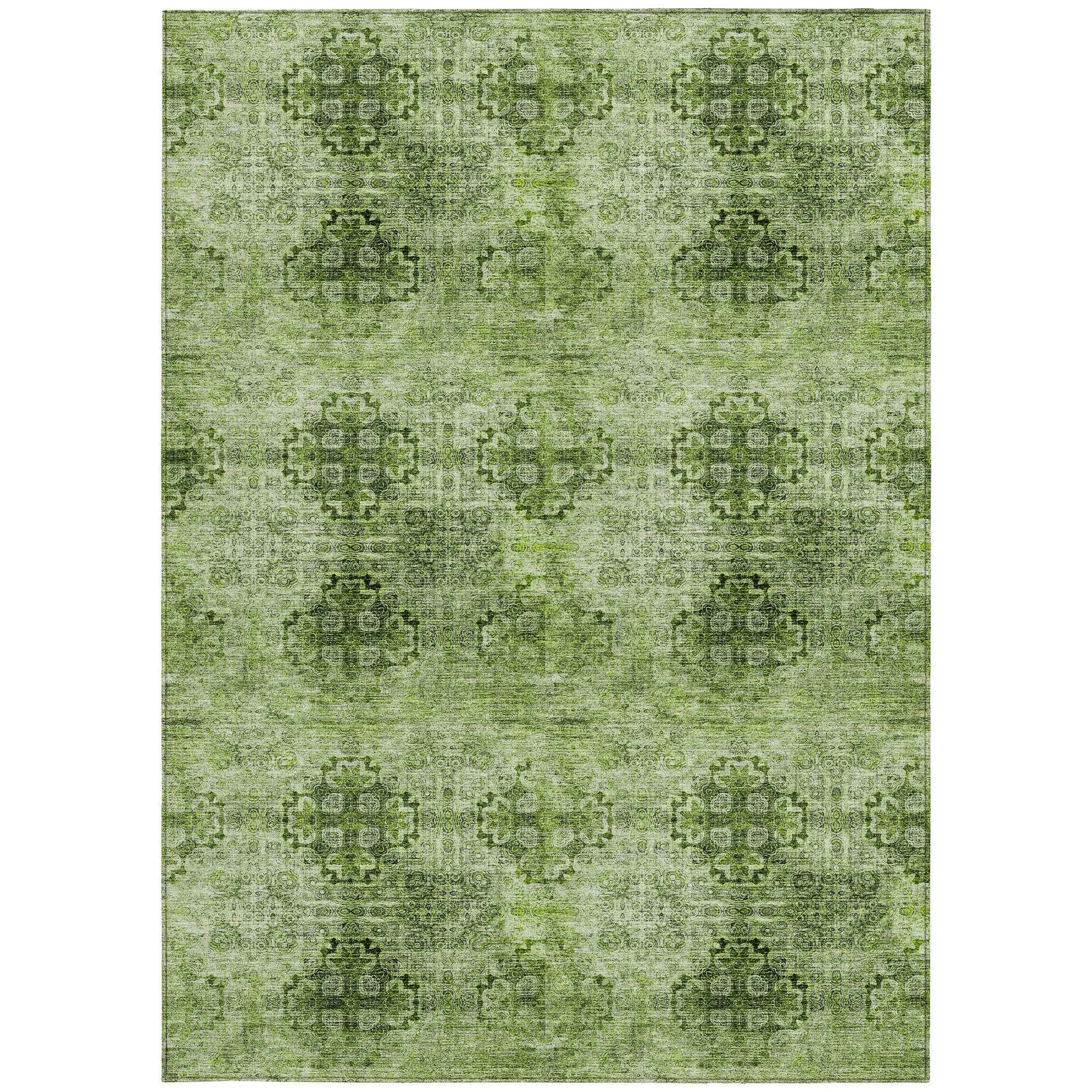 3' X 5' Olive Green Floral Medallion Washable Non Skid Indoor Outdoor Area Rug