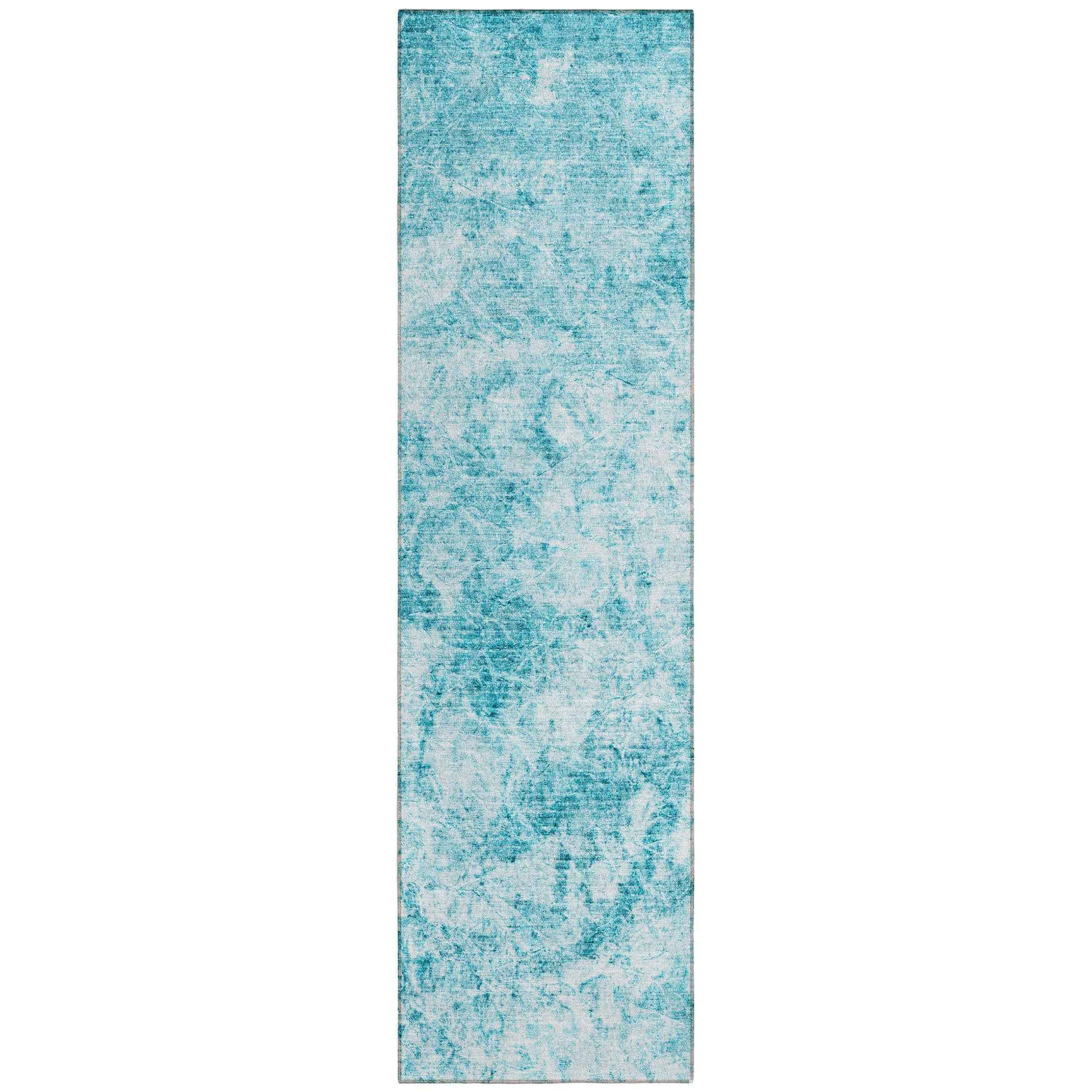 8' Runner Teal Abstract Washable Non Skid Indoor Outdoor Runner Rug