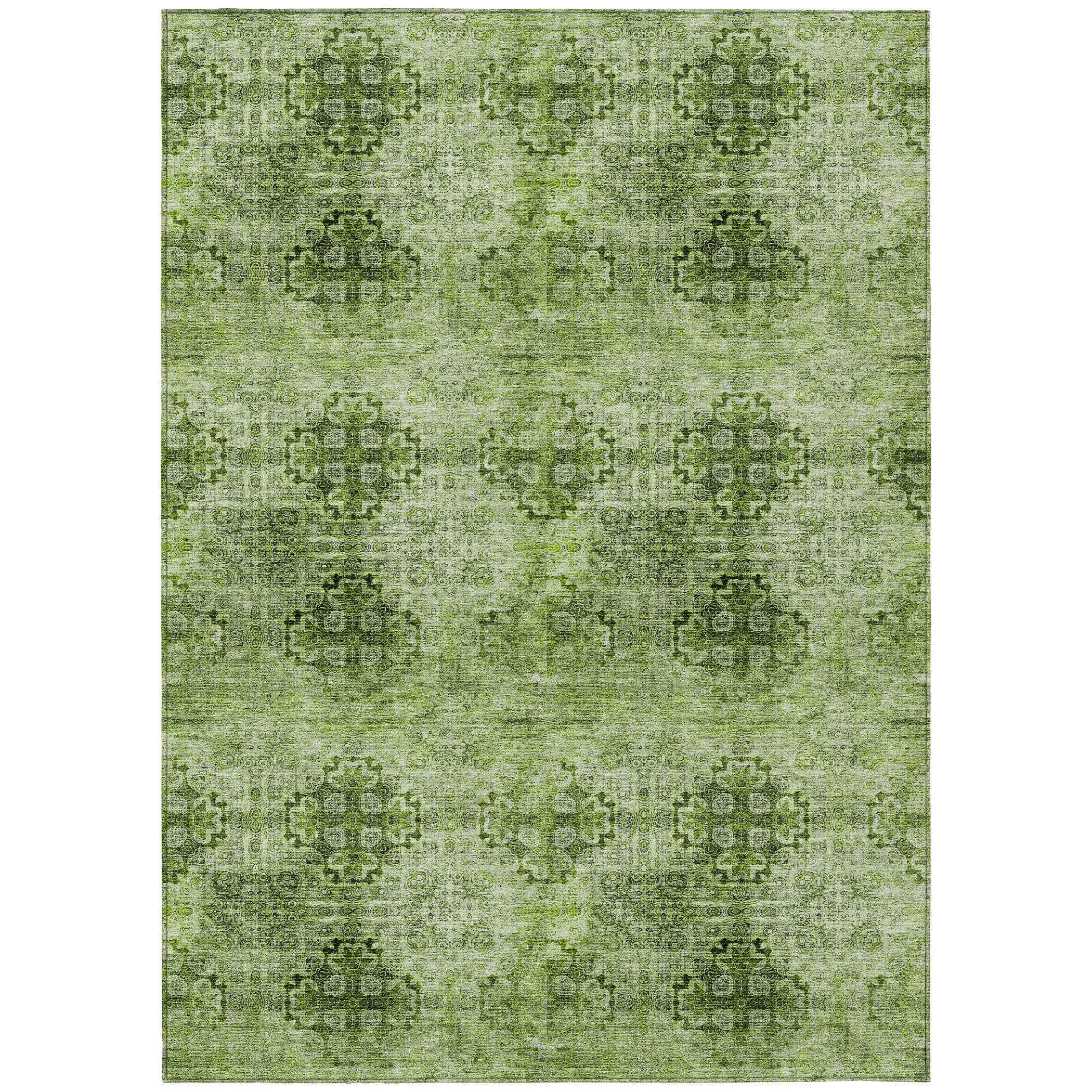 5' X 8' Olive Green Floral Medallion Washable Non Skid Indoor Outdoor Area Rug