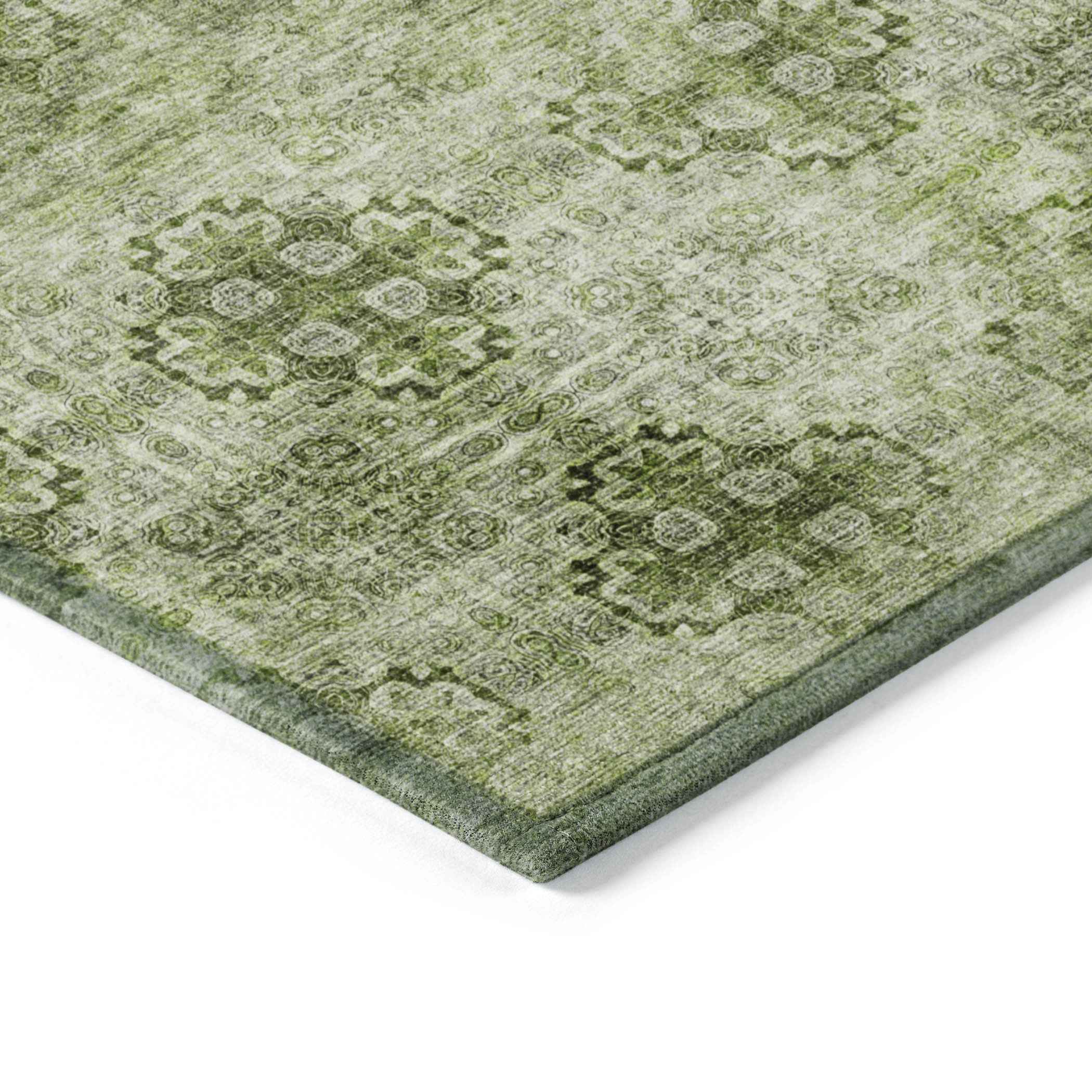 5' X 8' Olive Green Floral Medallion Washable Non Skid Indoor Outdoor Area Rug