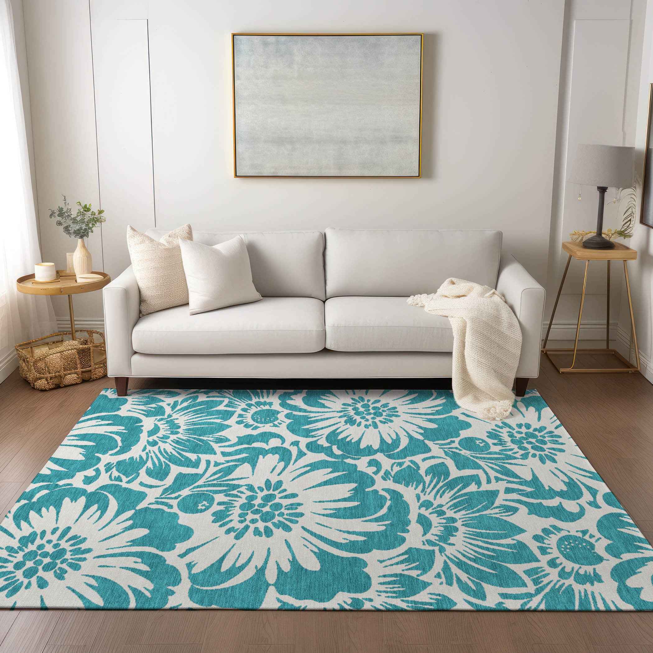 10' X 14' Teal and Ivory Floral Washable Non Skid Indoor Outdoor Area Rug