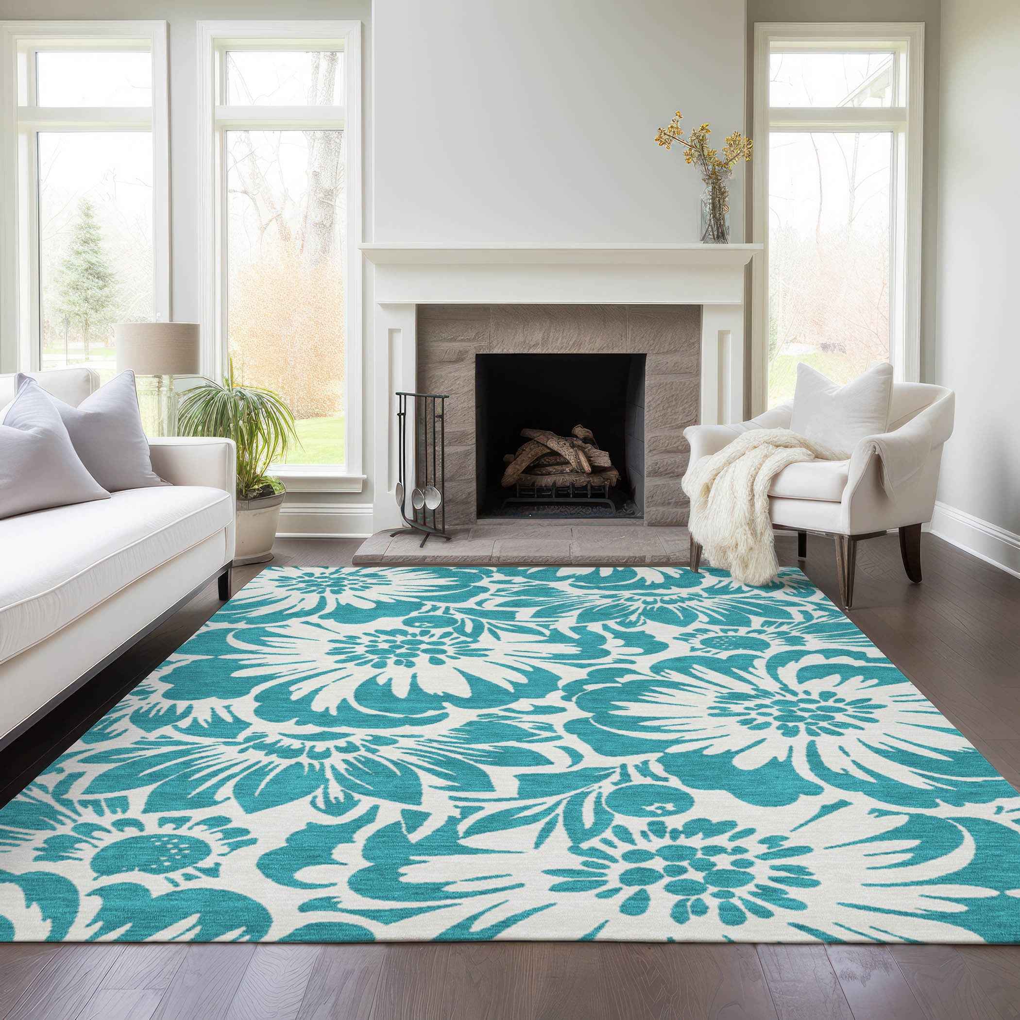 10' X 14' Teal and Ivory Floral Washable Non Skid Indoor Outdoor Area Rug