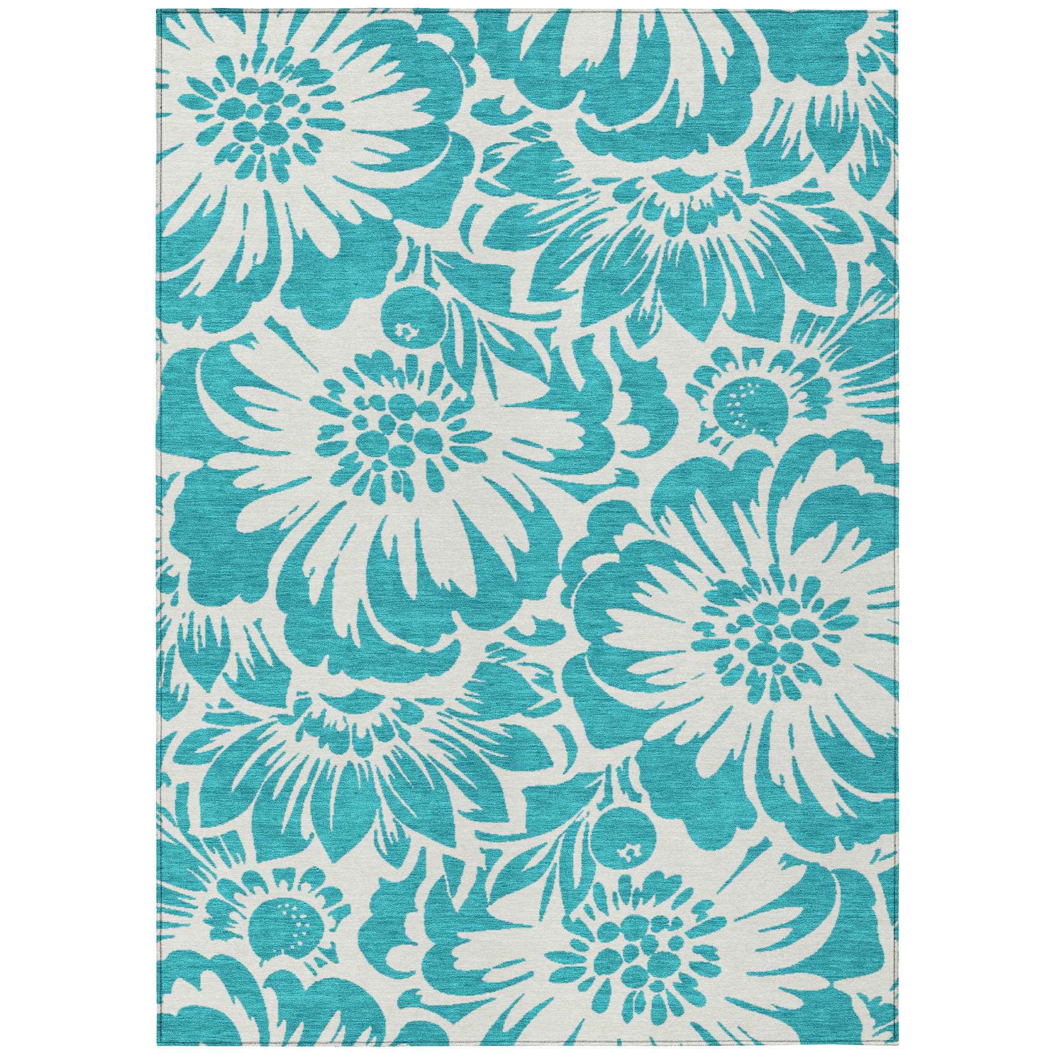 10' X 14' Teal and Ivory Floral Washable Non Skid Indoor Outdoor Area Rug
