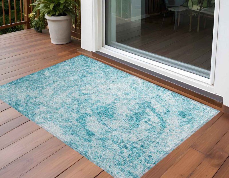 2' X 3' Teal Abstract Washable Non Skid Indoor Outdoor Area Rug