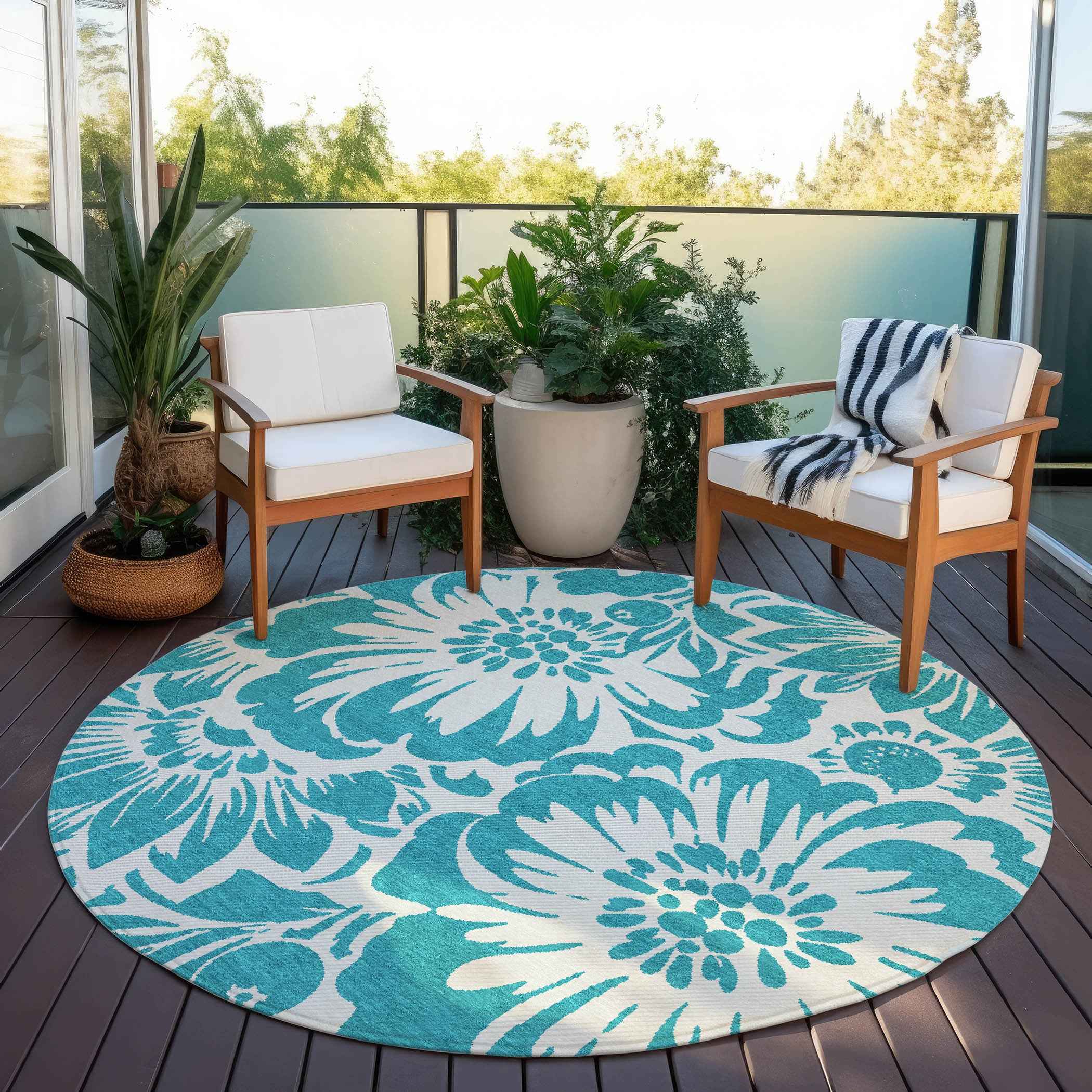 8' X 8' Teal and Ivory Round Floral Washable Non Skid Indoor Outdoor Area Rug