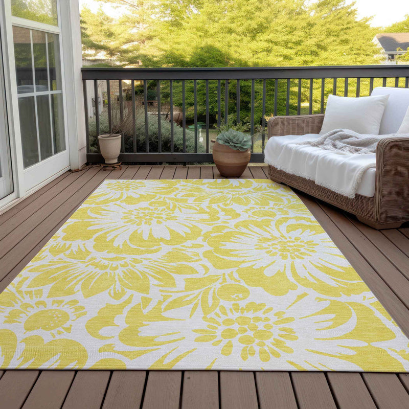 10' X 14' Yellow and Ivory Floral Washable Non Skid Indoor Outdoor Area Rug