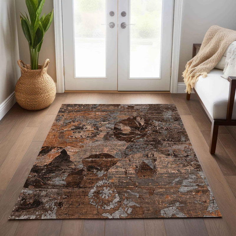 10' X 14' Brown Terracotta and Gray Abstract Washable Indoor Outdoor Area Rug